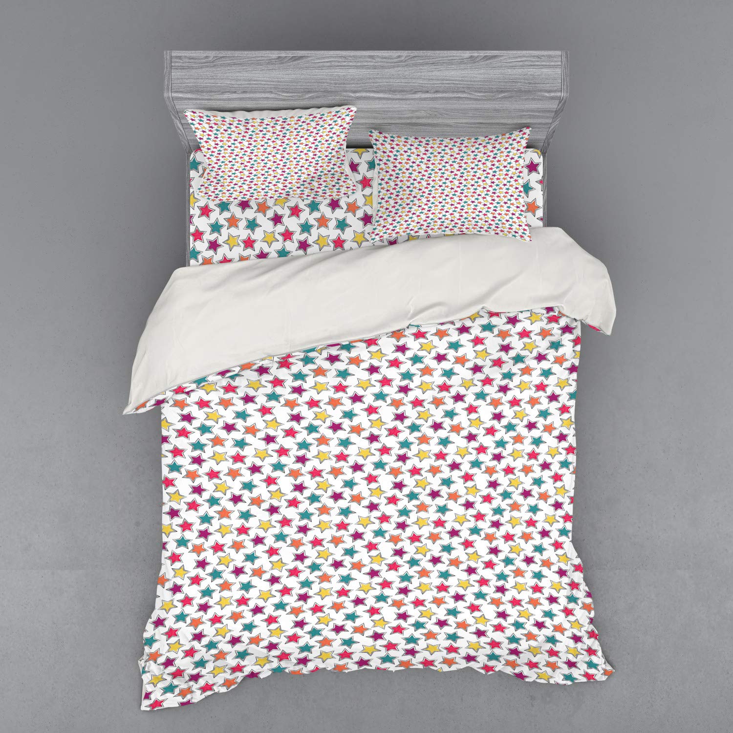 Ambesonne Contemporary Stars & Grey Lines 3-Piece Queen Duvet Cover Set with Sham & Fitted Sheet - Modern Geometric Bedding for Teen Rooms, Birthday Parties & Dorm Decor - Multicolor Luxury Bedding Collection