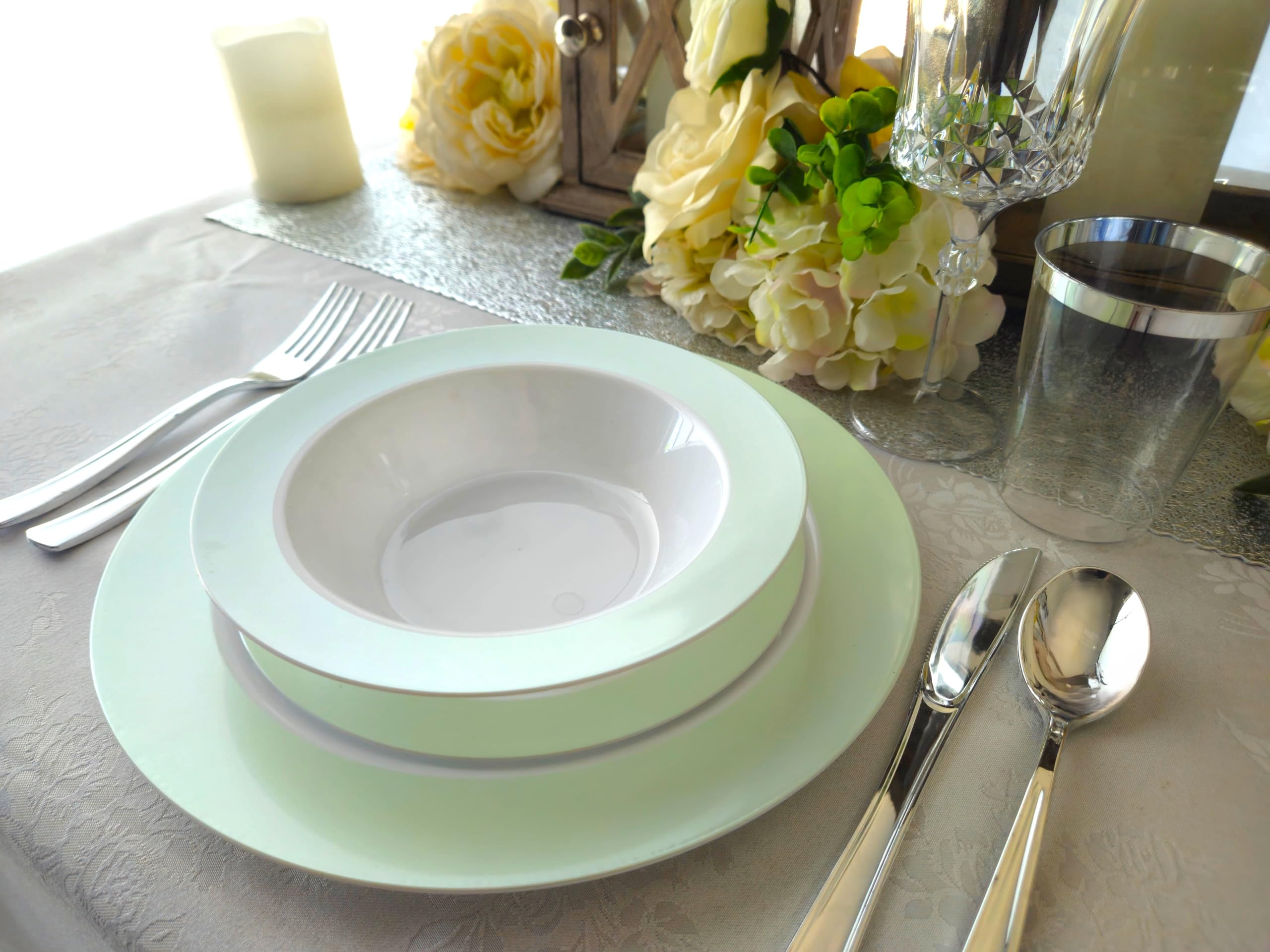 240-Pack Heavyweight Disposable Plastic Plates for Weddings & Parties - 120x10.25'' Dinner Plates + 120x7.5'' Salad/Dessert Plates (Rio Collection White & Pearled Green) - Perfect for Wedding Receptions, Bridal Showers & Large Gatherings