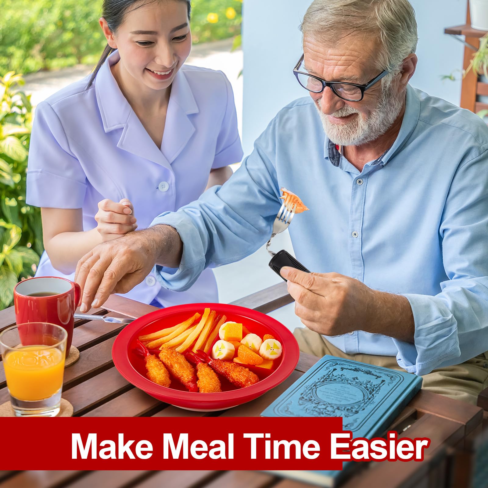 Maxcheck 7-Piece Spill-Proof Scoop Bowl & Divided Plate Set with Suction Base | Non-Slip Weighted Adaptive Utensils | Elderly & Disabled Self-Feeding Dinnerware | Ideal for Assisted Living & Home Care