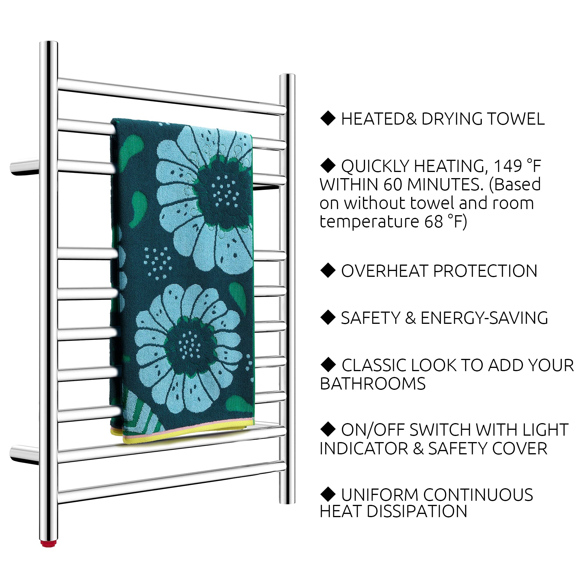 HEATGENE Compact Electric Towel Warmer - Wall Mounted Bathroom Towel Heater Rack for Small Spaces, Plug-in or Hardwired Installation, Mirror Polish Finish | Perfect for Cozy Bathrooms, Spa-Like Experience, Guest Rooms & Luxury Hotels