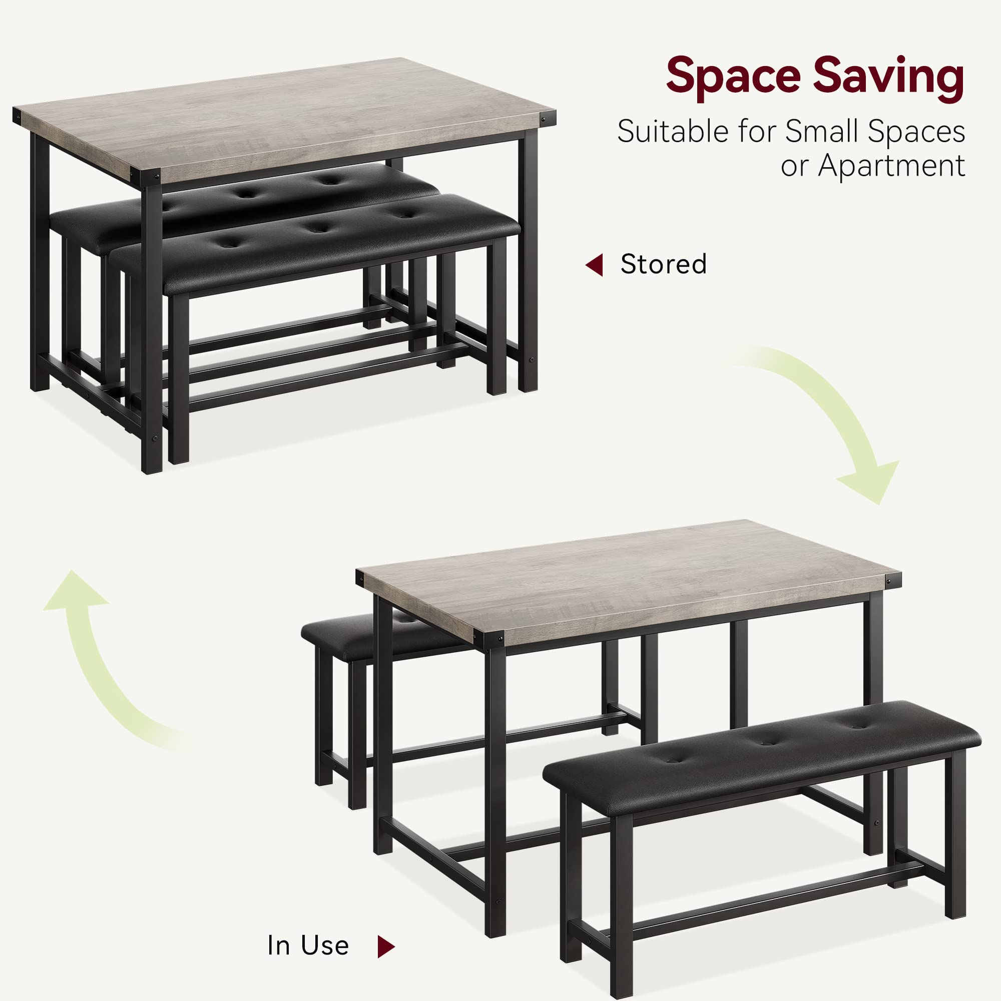 3-Piece Retro Gray Kitchen Table Set with 2 Upholstered Benches - Space-Saving Dining Table for 4, Perfect for Small Apartments, Studios & Compact Spaces | Ideal for Family Meals, Entertaining Guests & Cozy Dining