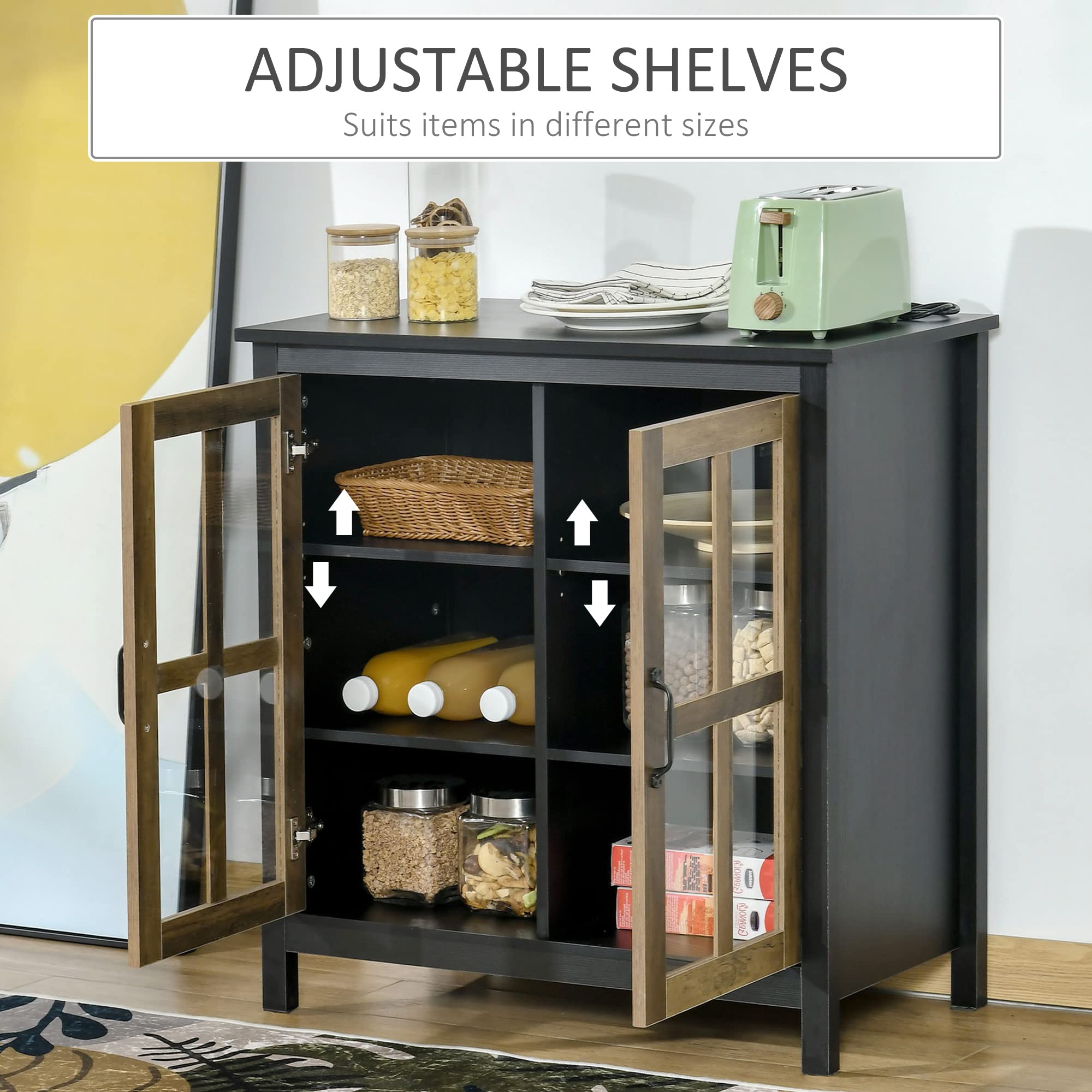 HOMCOM Sideboard Buffet Cabinet with Glass Doors - Kitchen Storage Cabinet, Entryway Accent Furniture with Adjustable Shelves for Living Room - Black Wood Grain Finish | Perfect for Dining Room Storage, Hallway Decor & Home Organization