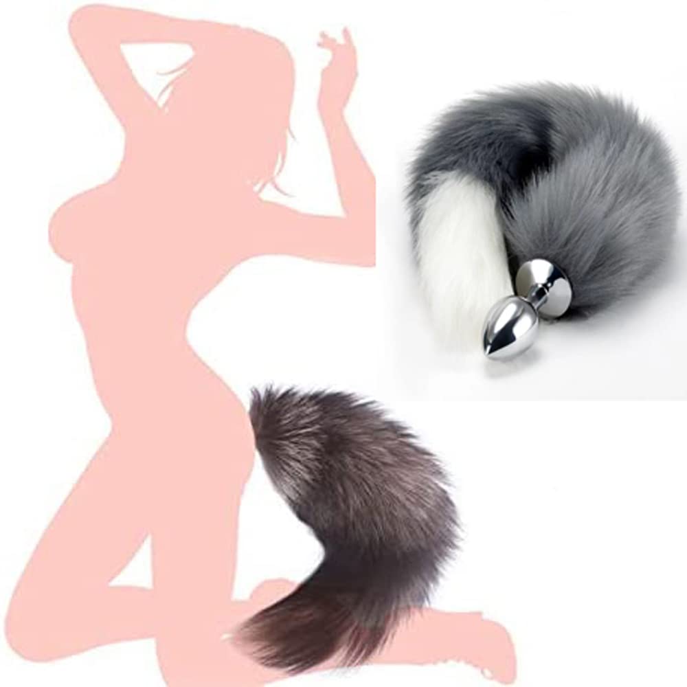Premium Stainless Steel Anal Plug with Detachable Cosplay Tail - Large Size (Gray-White) | Adult Sex Toy for BDSM, Roleplay & Sensual Play