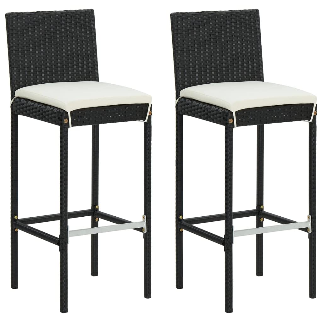 2-Pack Black Poly Rattan Garden Bar Stools with Cushions - Outdoor Patio, Poolside & Backyard Seating Furniture for Relaxing & Entertaining
