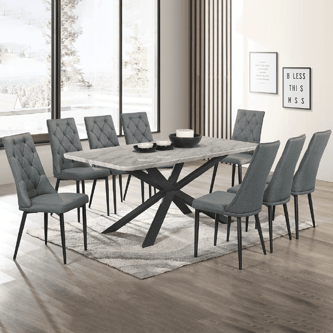 Isottis 9-Piece Marble Dining Table Set with 8 Chairs - Elegant Modern Kitchen & Dining Room Furniture for Family Gatherings & Dinner Parties