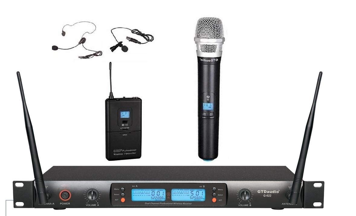 GTD Audio 2x100 Channel UHF Wireless Microphone System with Handheld & Lavalier Headset Mics - Professional Karaoke, Public Speaking, Church & Stage Performance (Model 622HL)
