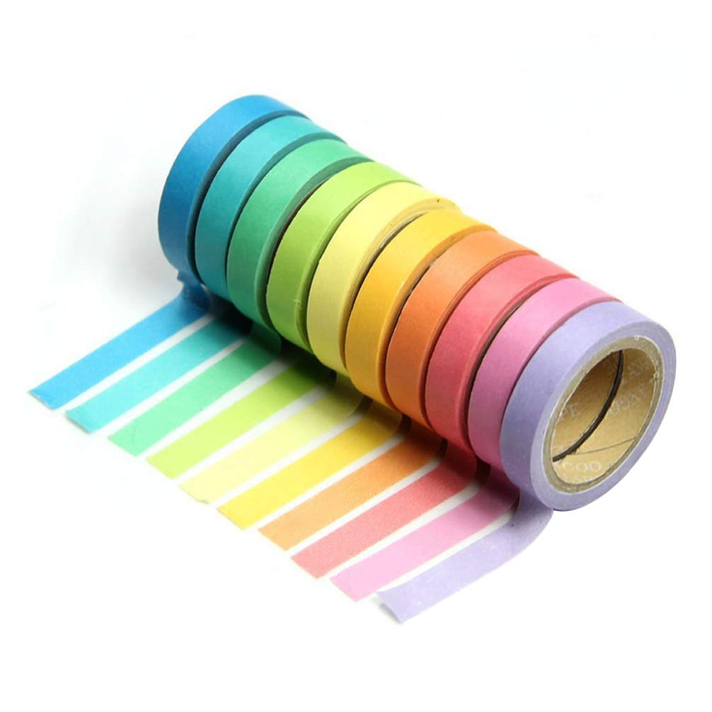 FOMIYES 10 Rolls DIY Rainbow Washi Tape Set - Colorful Candy Colored Sticky Paper Masking Adhesive Tapes for Scrapbooking, Journaling, Gift Wrapping & Home Decoration