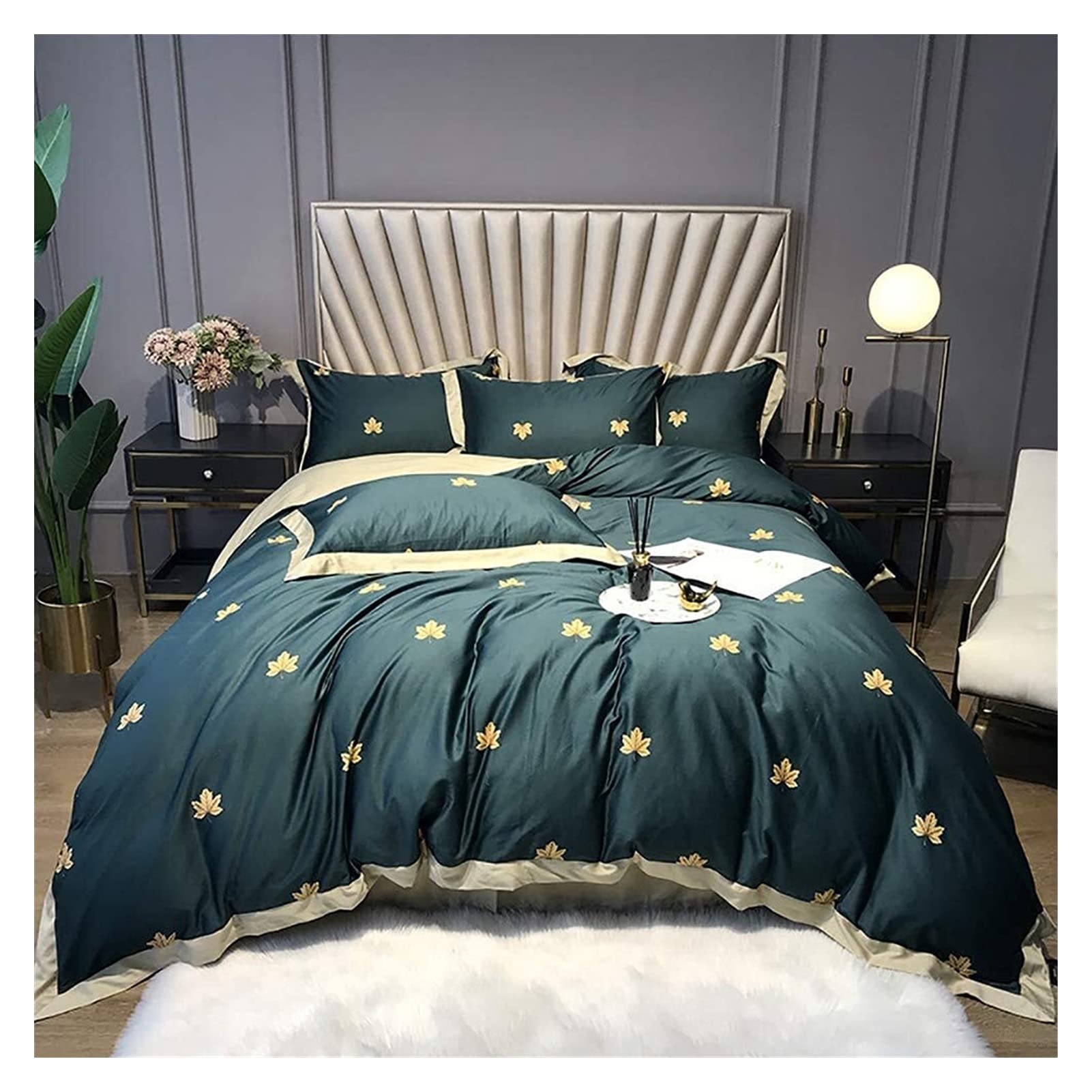 Premium Slumber Duvet Cover Set King Size - 100% Long Staple Cotton Green Bedding 4 Piece Set with Red Maple Print - Soft Double Duvet Cover for Cozy Bedroom Decor & Comfortable Sleep