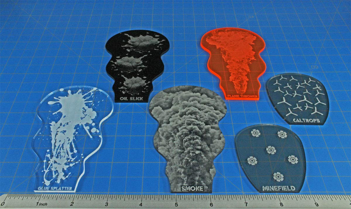 LITKO Gaslands Miniatures Game Accessories - Dropped Weapon Area Effects Templates Set with Smoke, Glue, Caltrops, Mine Field, Flame Thrower & Oil Slick | Variety Pack for Tabletop Wargaming & Car Combat Scenarios