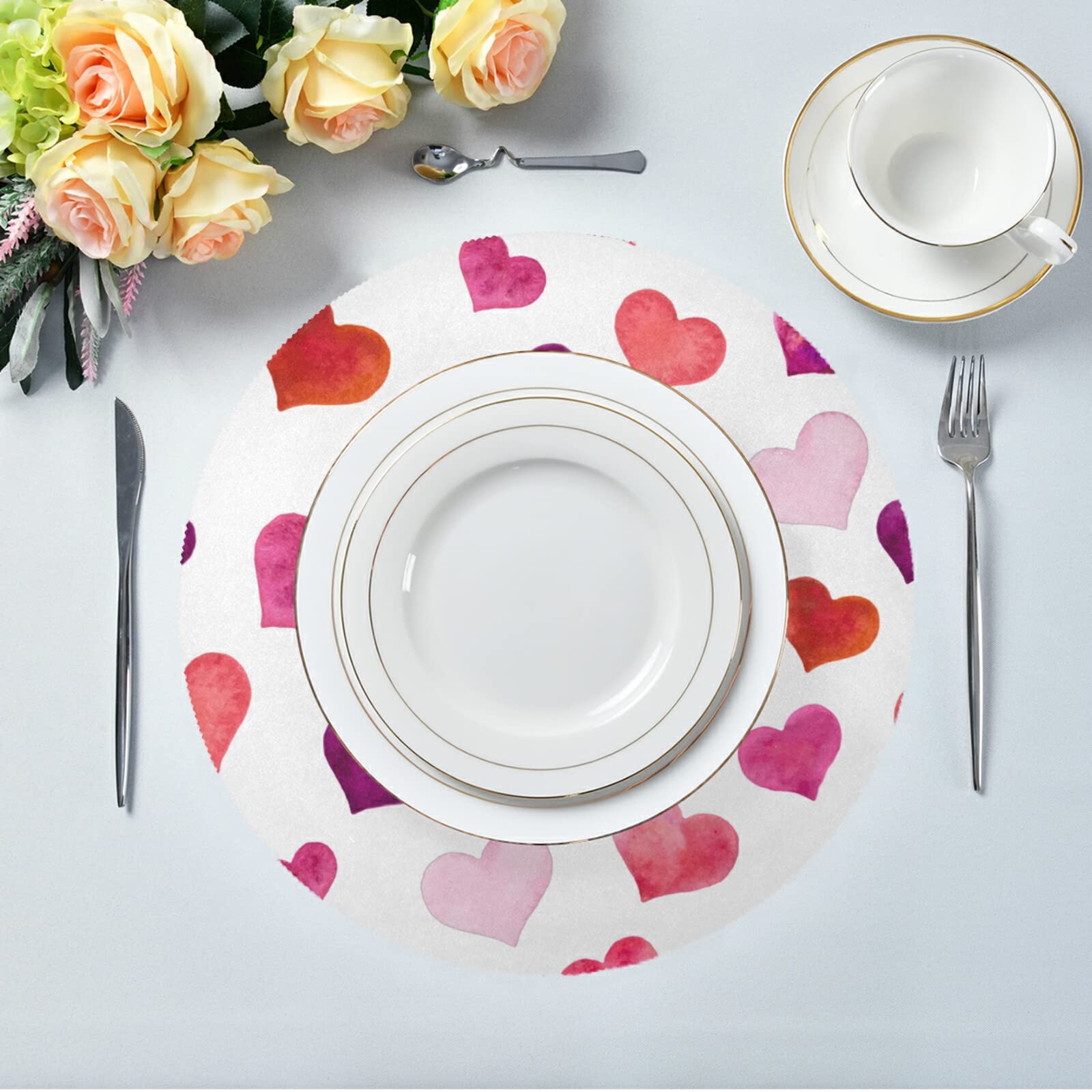 Valentine's Day Round Heart Placemats Set of 6 - Washable Kitchen Table Mats for Romantic Dining, Dinner Parties & Holiday Decor