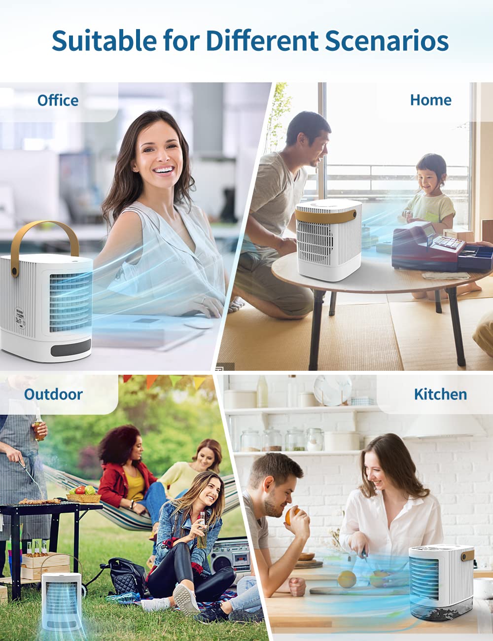 Mini Portable Air Conditioner - 3 Speed Desktop Air Cooler with Leather Handle & 7 LED Lights | Small Evaporative Cooler for Office, Dorm, Bedroom | Personal Cooling for Home & Workspace
