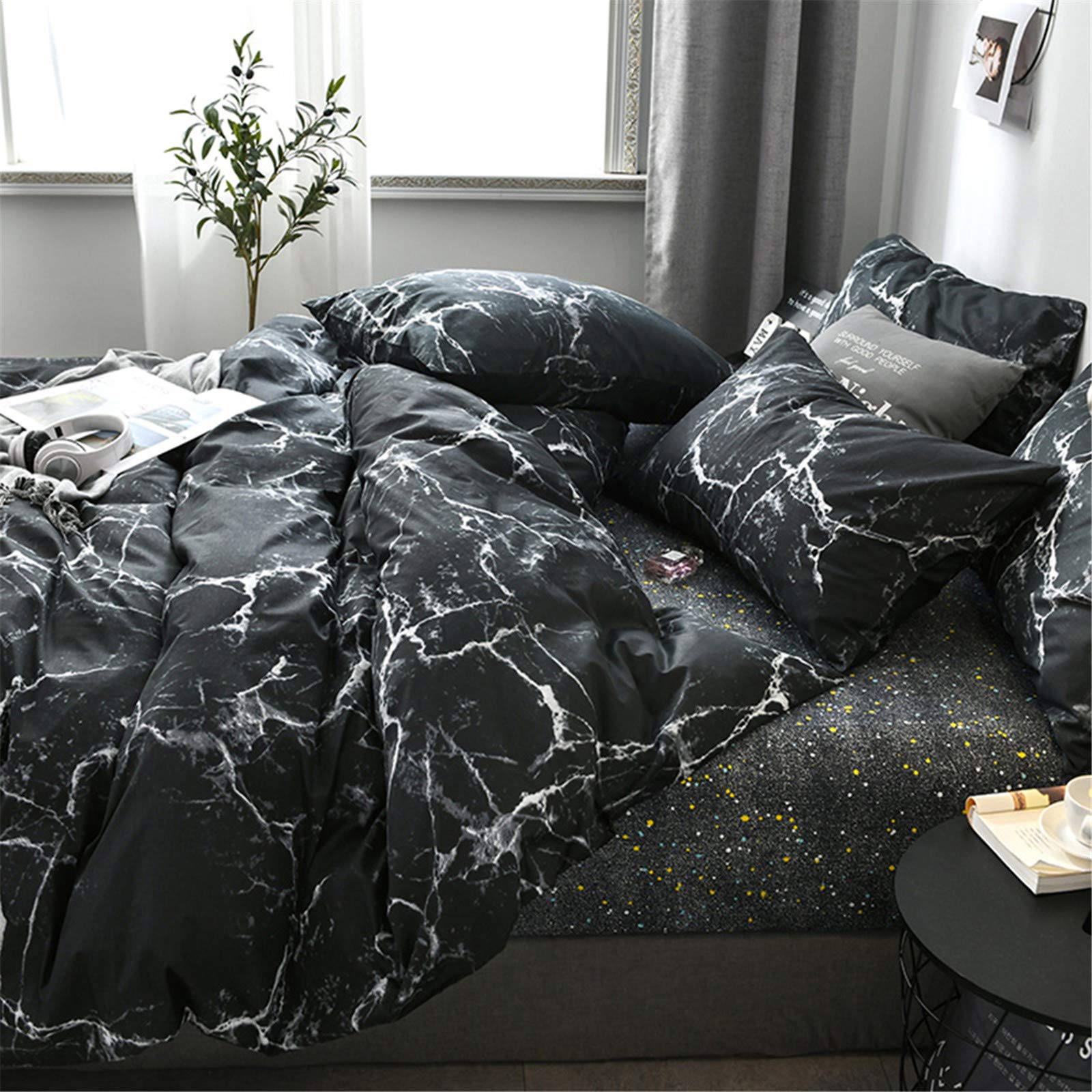 Black Marble Comforter Set King Size - Modern Abstract Gothic Bedding with Breathable Soft Cotton - Black and White Quilted Blanket for Adults & Teens - Perfect for Gothic, Boho & Contemporary Bedrooms