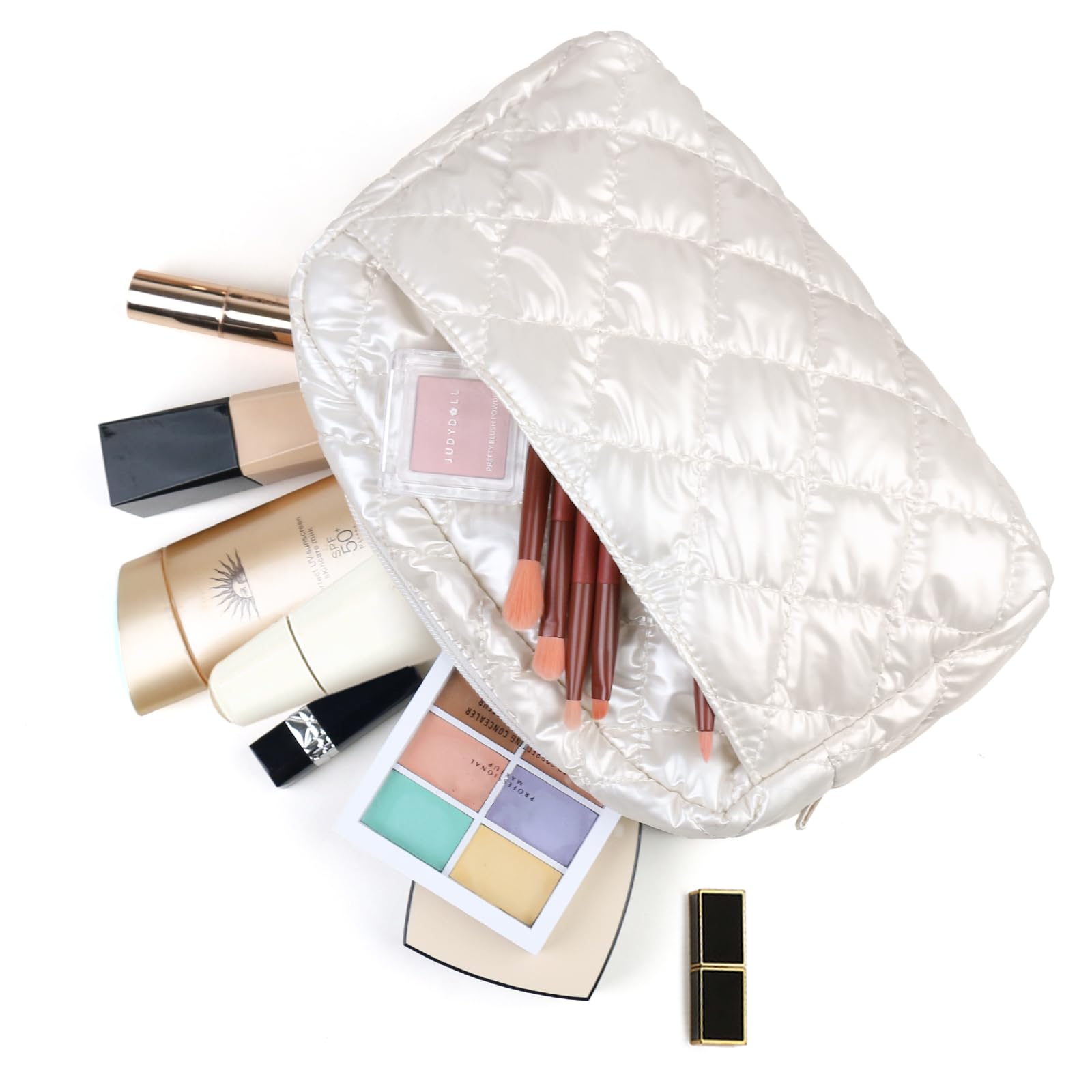 Waterproof Quilted Makeup Bag for Women - Travel Cosmetic Organizer Pouch with Zipper, Portable Puffer Toiletry Bag - Perfect for Daily Use, Gym, Vacation & Airplane Essentials (White)