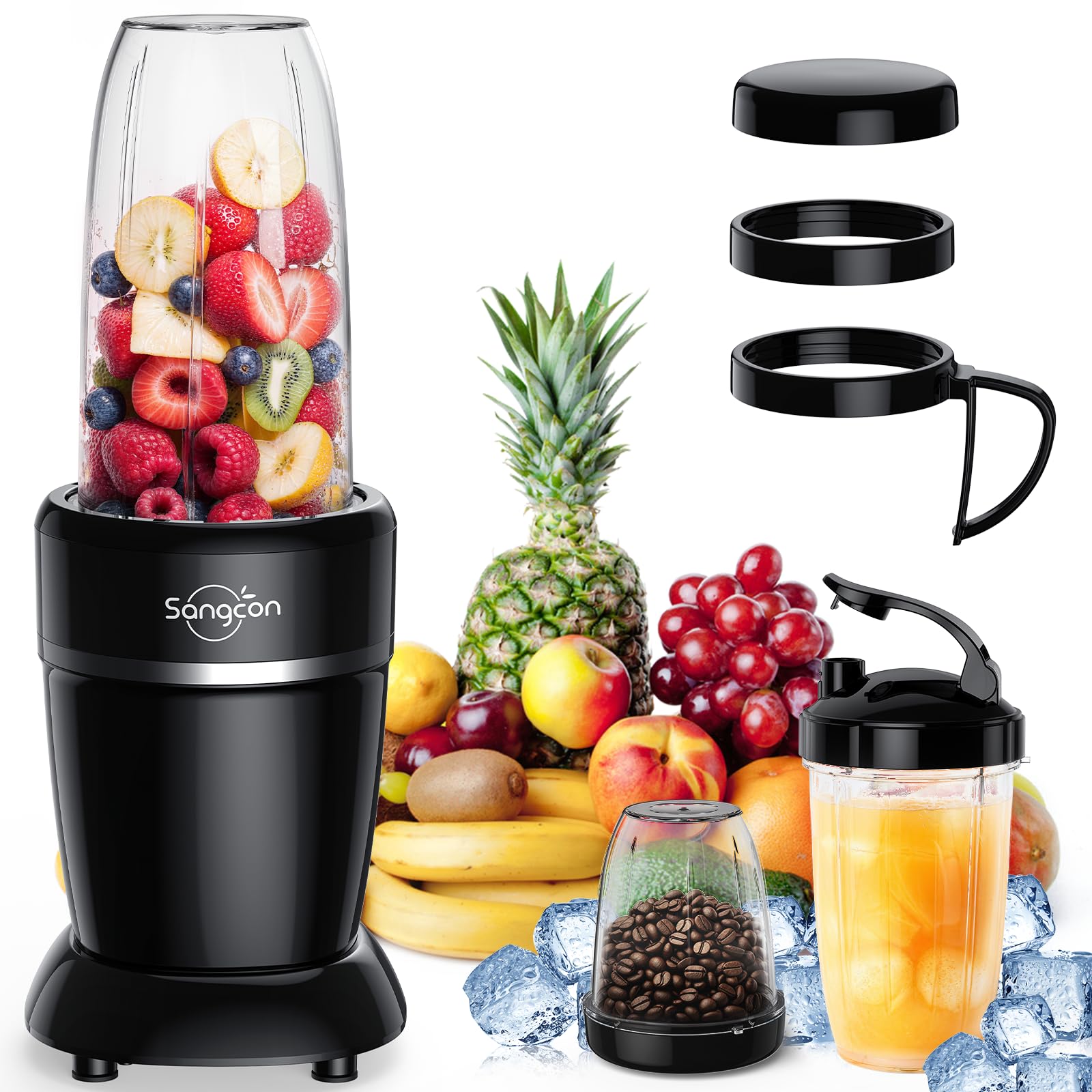 **Sangcon 1000W High-Speed Blender for Smoothies, Frozen Drinks & Ice Crushing - Includes 3 Cups, 2 Spout Lids, 1 Storage Lid & 1 To-Go Lid - Perfect for Kitchen, Travel & Healthy Shakes**    *(Use Cases: Ideal for making protein shakes, crushing ice, blending frozen fruits, mixing spices, and creating on-the-go smoothies for gym, office, or home use.)*