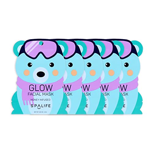 Spa Life Snow Buddies Glow Facial Mask - Honey Infused Hydrating Sheet Masks, 5 Pack for Brightening & Moisturizing Skin - Perfect for Self-Care Nights & Spa Days