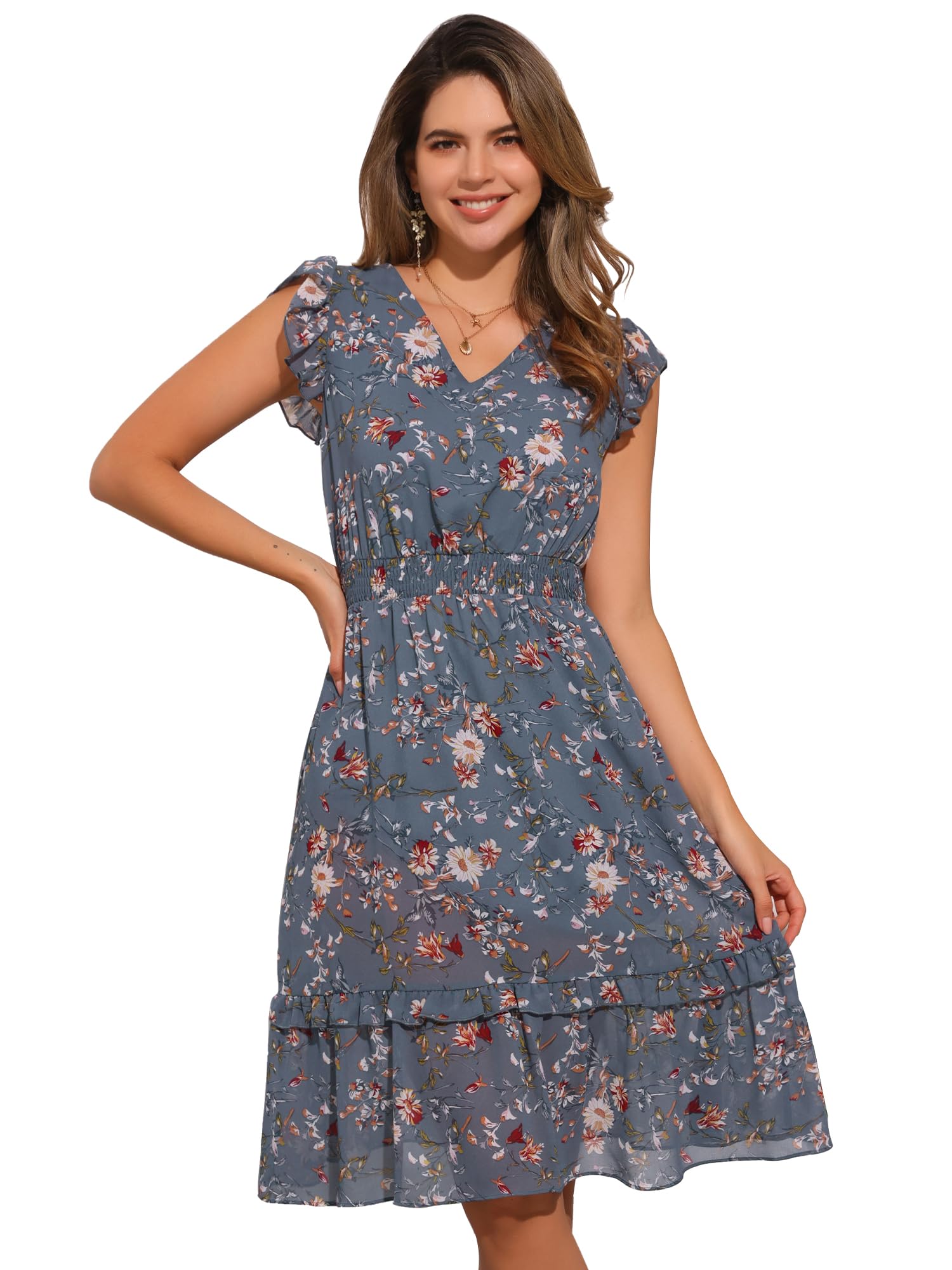 Allegra K Women's Floral Print Flutter Sleeve V-Neck Smocked Ruffle Midi Dress for Summer, Wedding & Party Occasions