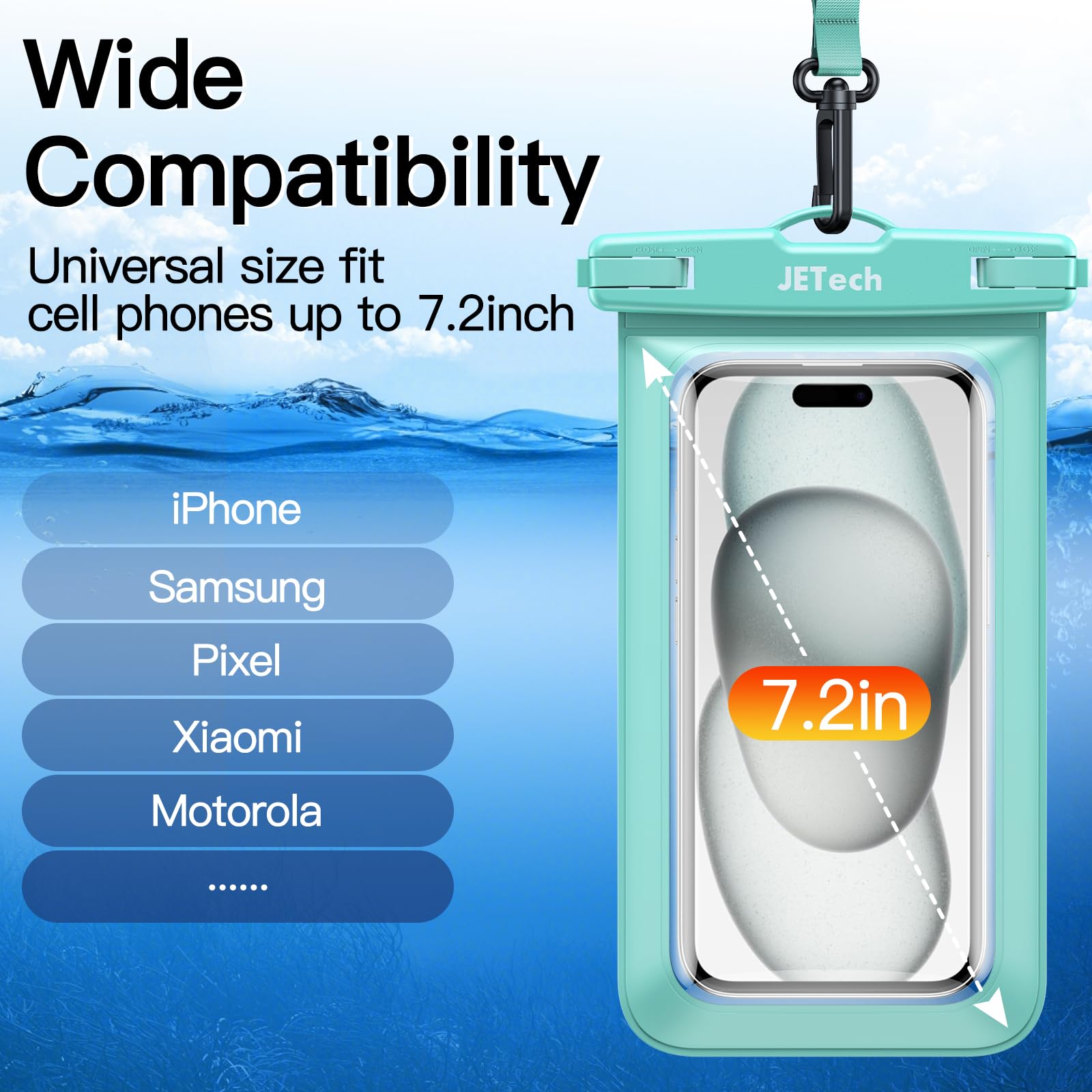 JETech Waterproof Phone Pouch Case for iPhone 16/15/14/13 Pro Max & Samsung Galaxy S24/S23 Ultra (Up to 7.2 Inch) - 2 Pack with Lanyard (Black+Green) - Perfect for Swimming, Beach, Rain & Outdoor Activities