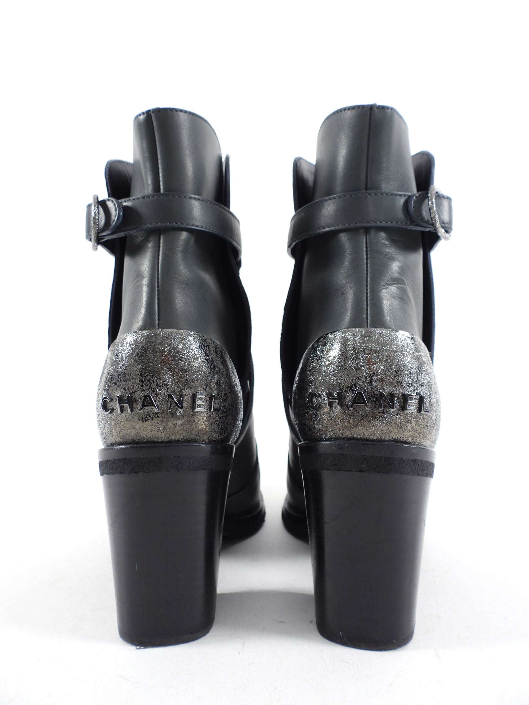 Chanel Grey Leather Cap Heel Ankle Boots Women's Size 39 / 8 - Stylish & Comfortable for Office, Party & Night Out