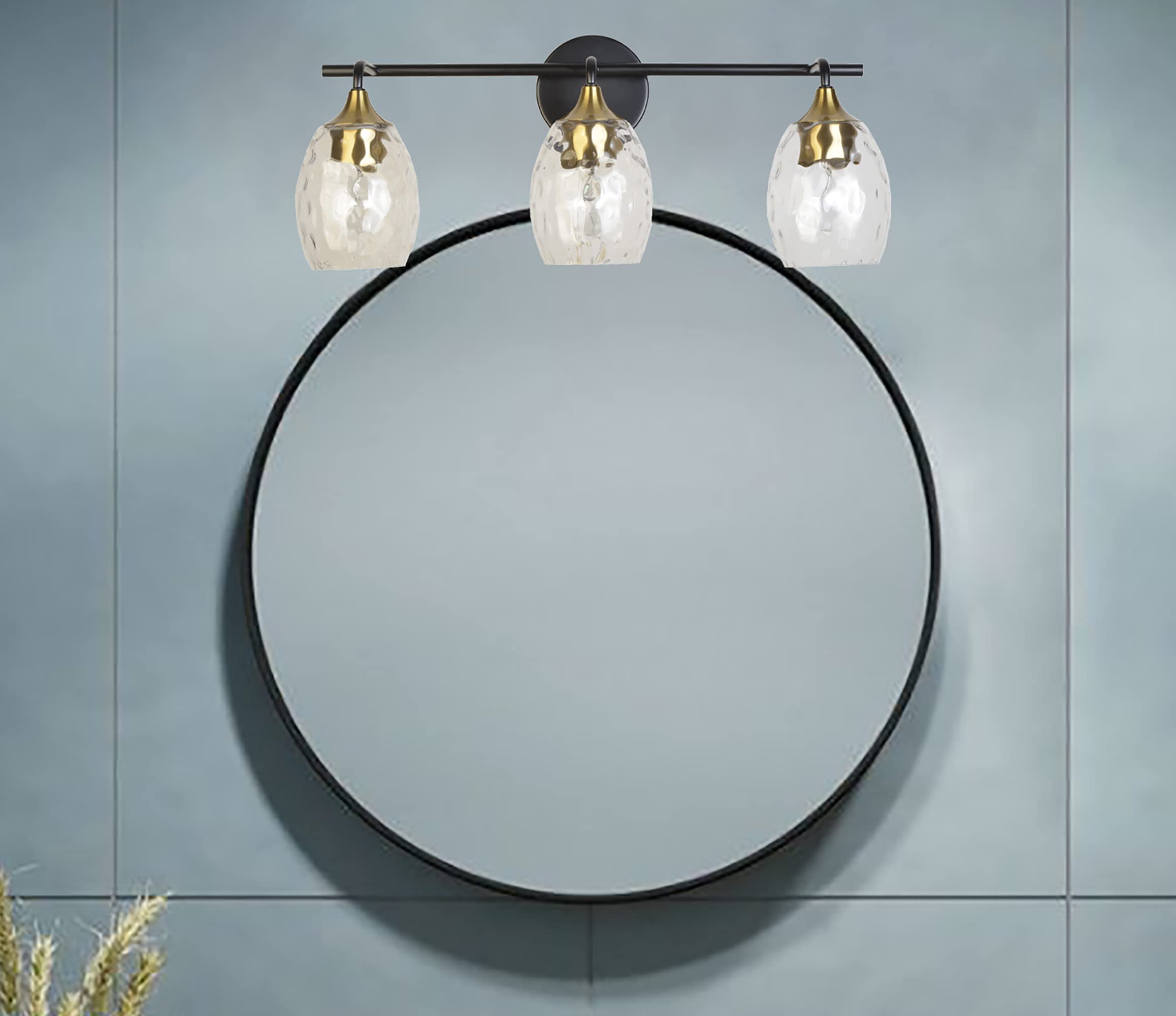 3-Light Bathroom Wall Sconce - Brass Vanity Lighting with Clear Hammered Glass Shades - Modern Bathroom Light Fixture for Vanity, Mirror, Makeup Area - Perfect for Bedroom, Living Room & Kitchen Decor