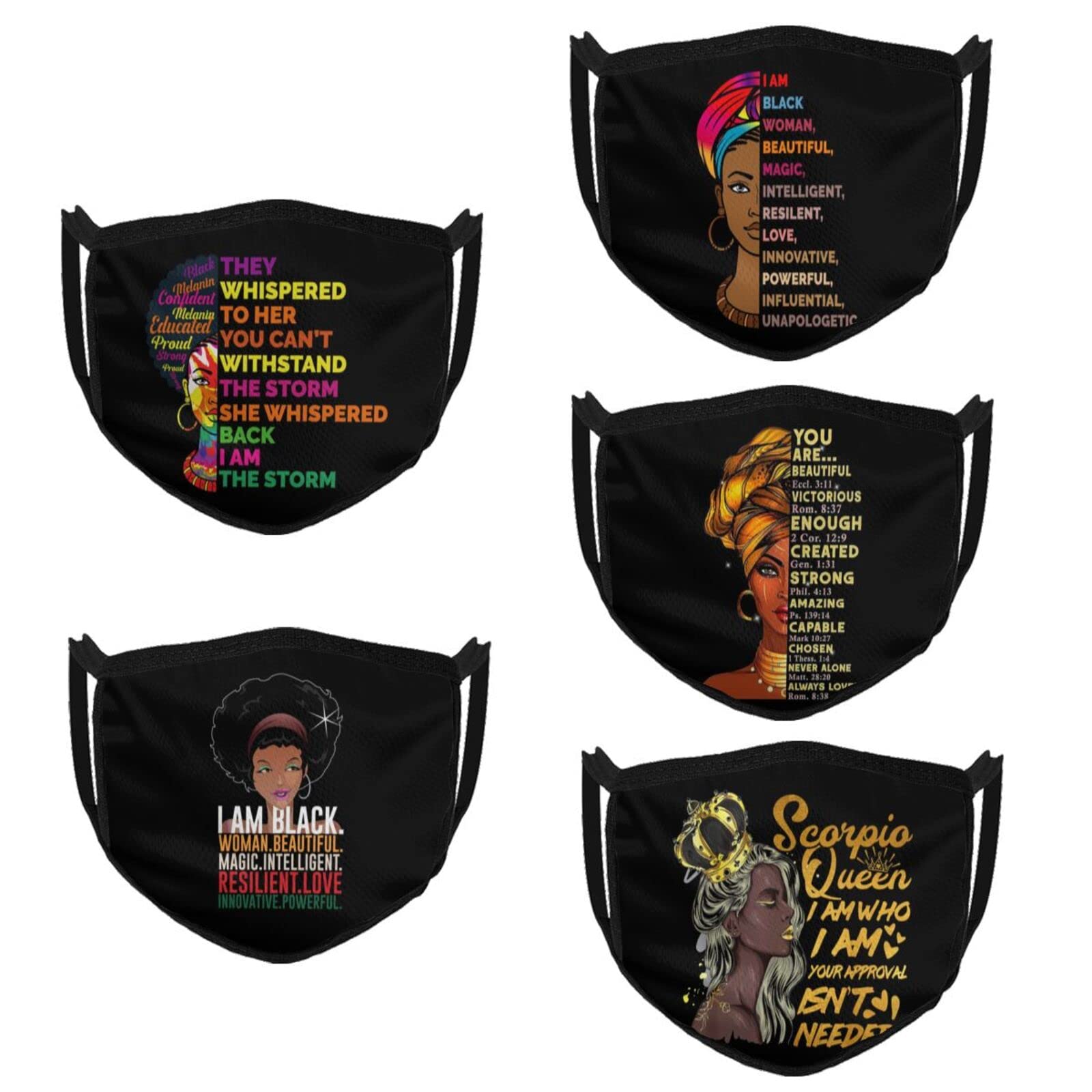 5-Pack Breathable Reusable Washable Cloth Face Masks for Women - Comfortable Cotton Fabric for Daily Use, Work, Travel & Shopping - African American Style Fashion Accessory