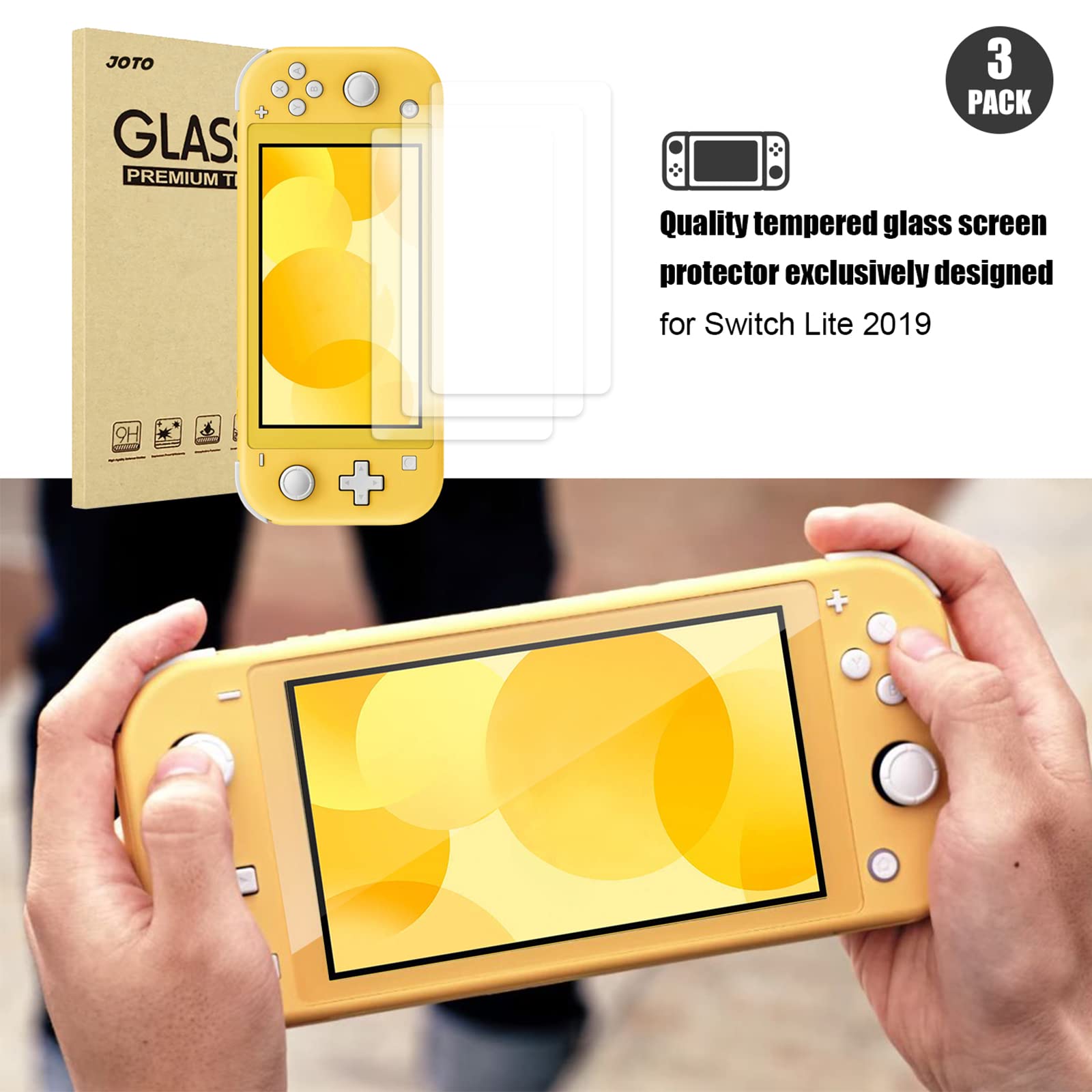 JOTO [3 Pack] Tempered Glass Screen Protector for Nintendo Switch Lite (2019) - Anti-Scratch, HD Clear, Rounded Edge Real Glass Screen Guard - Perfect for Gaming Protection & Travel Use