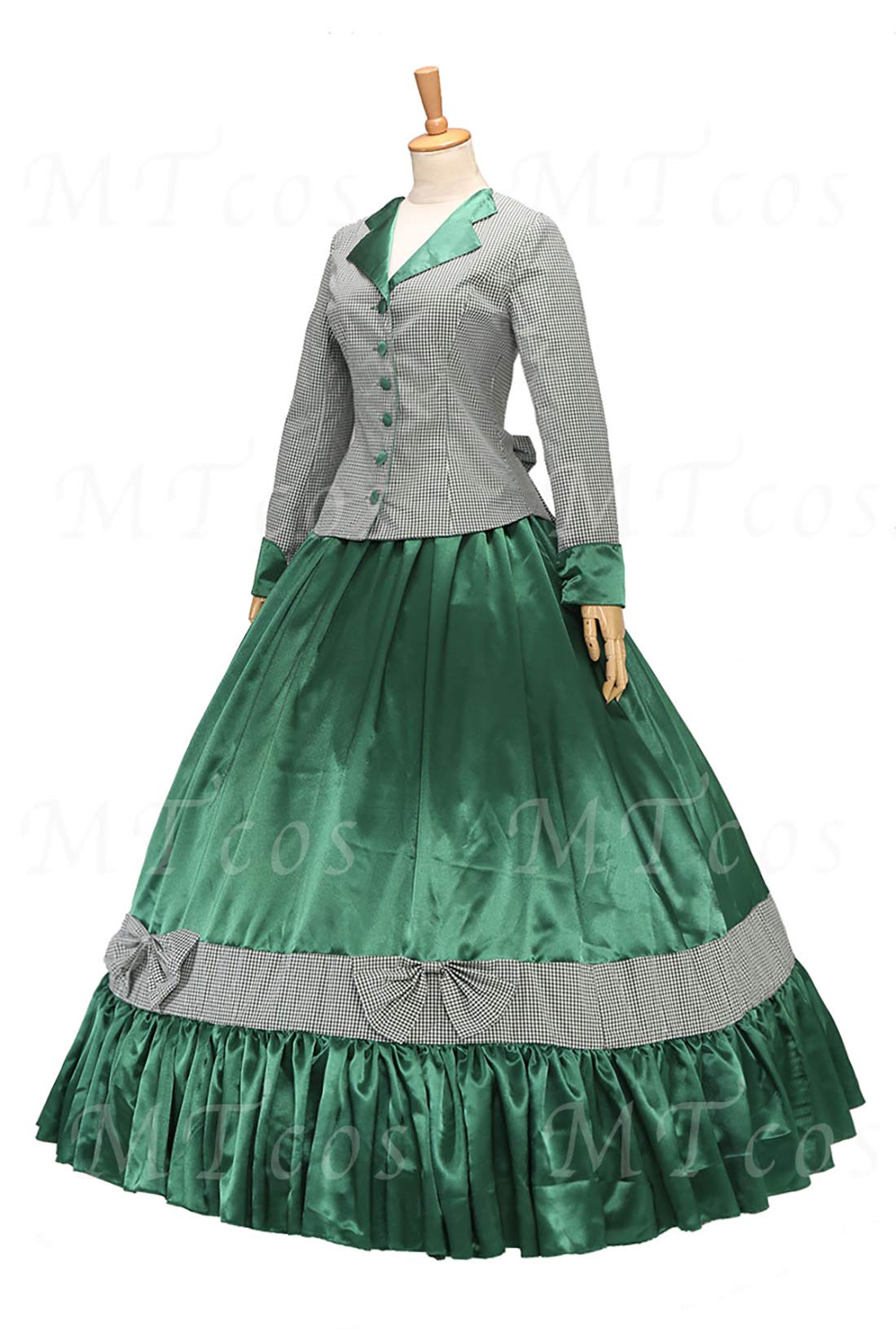 Victorian Tartan Ball Gown Dress - Civil War Style Ruffled Gown with Bow for Historical Reenactments, Cosplay & Themed Parties