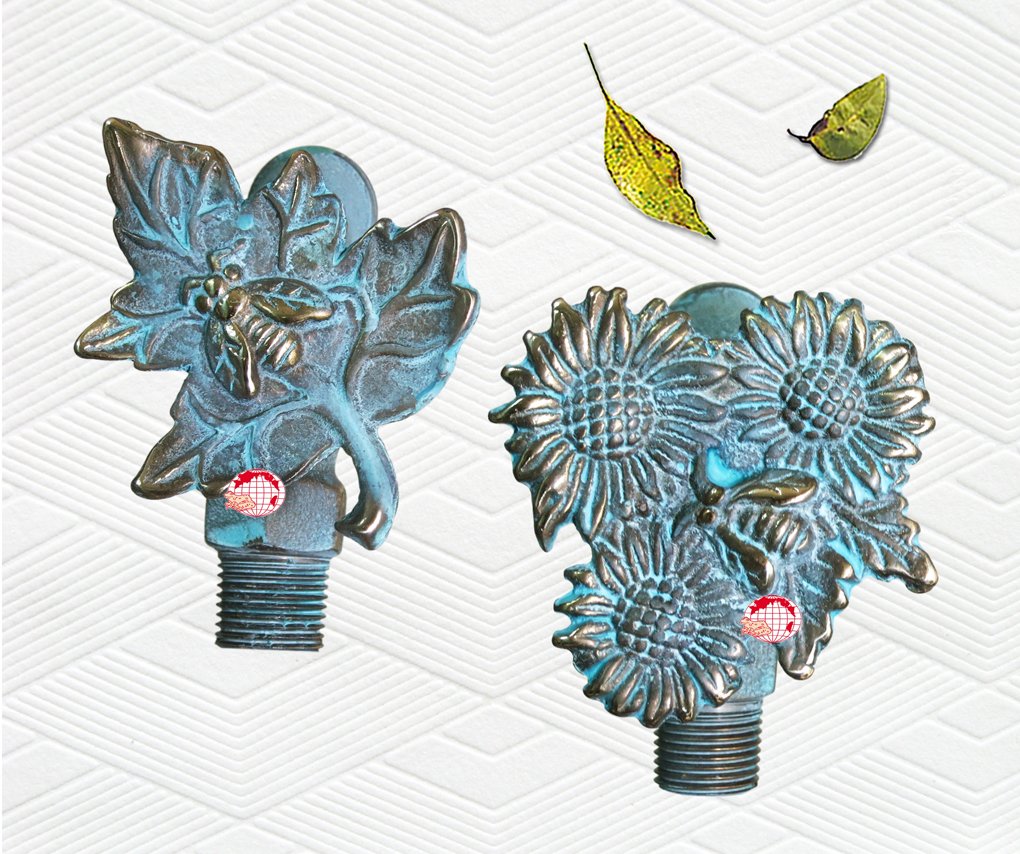 Decorative Brass Sunflower Leaf with Bee Garden Outdoor Faucet (Set of 2) - Perfect for Patio, Yard, and Garden Decor
