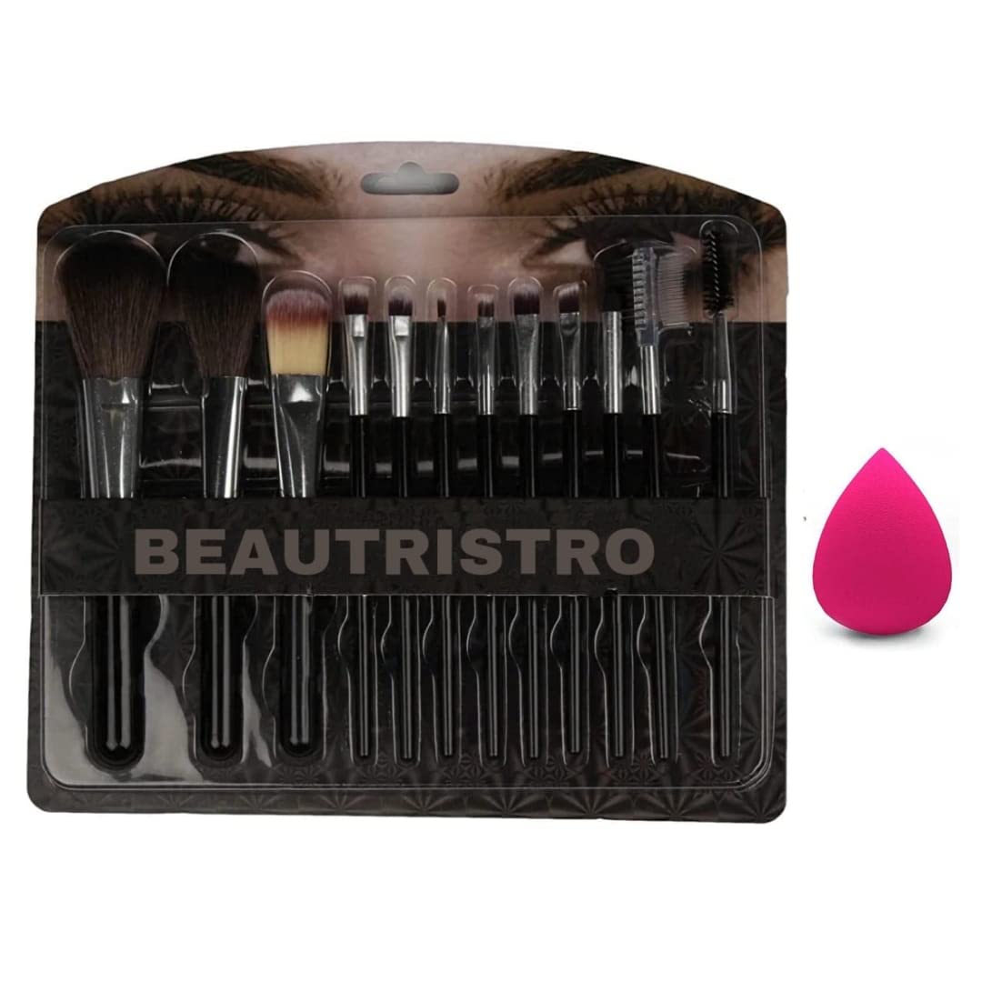 BEAUTRISTRO 13PC Professional Makeup Brush Set - Foundation, Powder, Blush, Eyeshadow, Eyebrow & Mascara Brushes with Blender Sponge - Perfect for Makeup Artists & Beginners (Home, Travel, Salon Use)