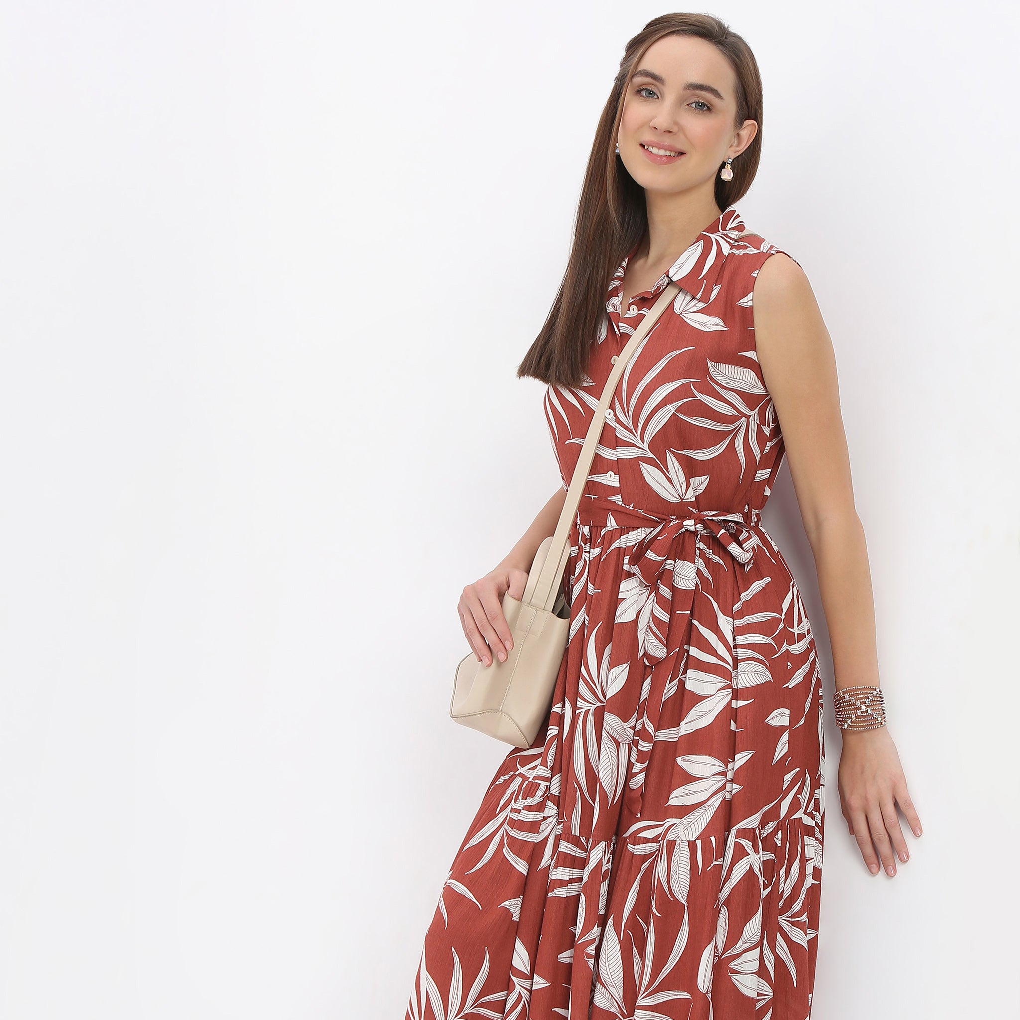 Flare Fit Floral Print Midi Dress with Shirt Collar & Sleeveless Design - Perfect for Summer Outings, Beach Vacations and Casual Date Nights