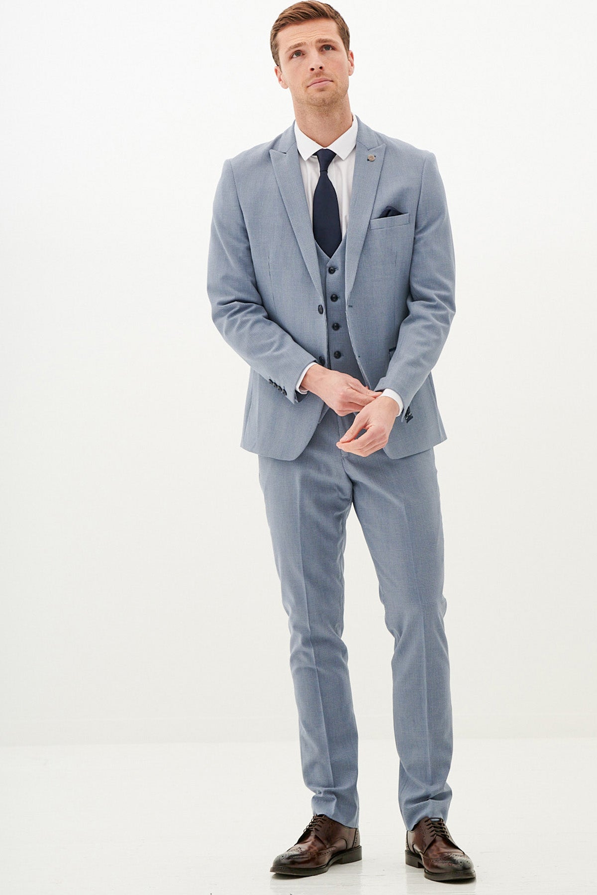 BROMLEY Sky Blue Check Three Piece Suit for Men - Classic Formal Business Attire | Perfect for Weddings, Office Meetings & Special Events
