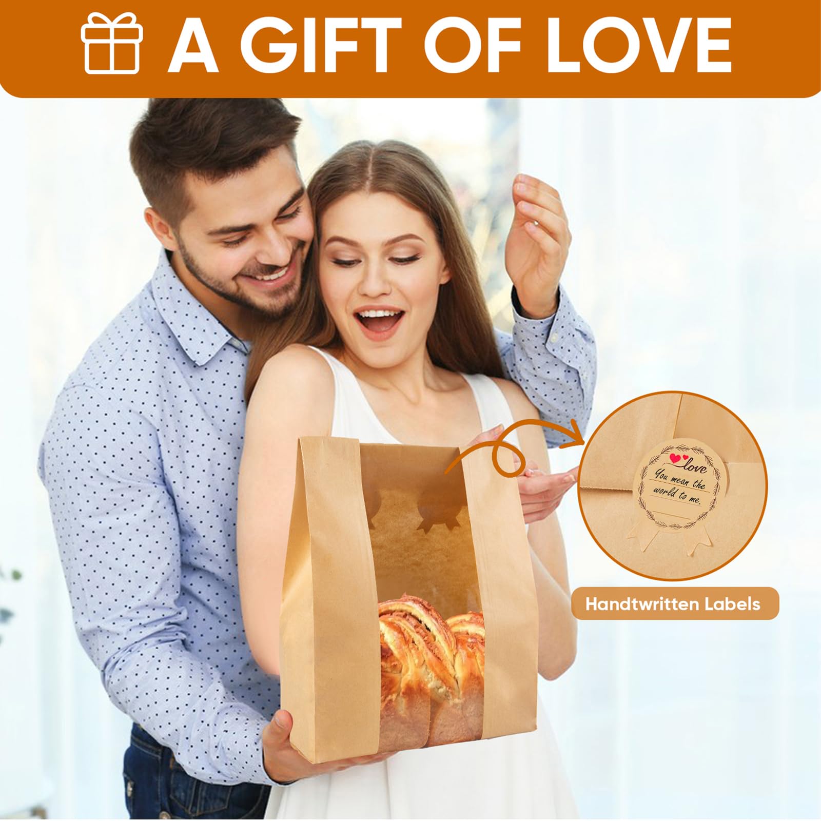 KEQ 50-Pack Large Paper Bread Bags with Window for Homemade Sourdough - Includes 60 Cute Sealing Stickers (10 Write-On) - Perfect for Home Bakers & Bakery Owners - Ideal for Fresh Bread Storage, Gift Packaging & Farmers Market Sales