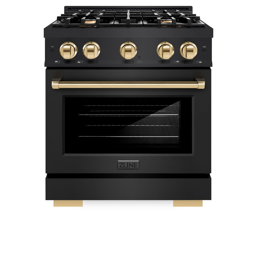ZLINE Autograph Edition 30-inch 4.2 cu. ft. Gas Range with 4 Burner Cooktop & Convection Oven - Black Stainless Steel with Gold Accents | Professional Kitchen Appliance for Home Chefs & Cooking Enthusiasts