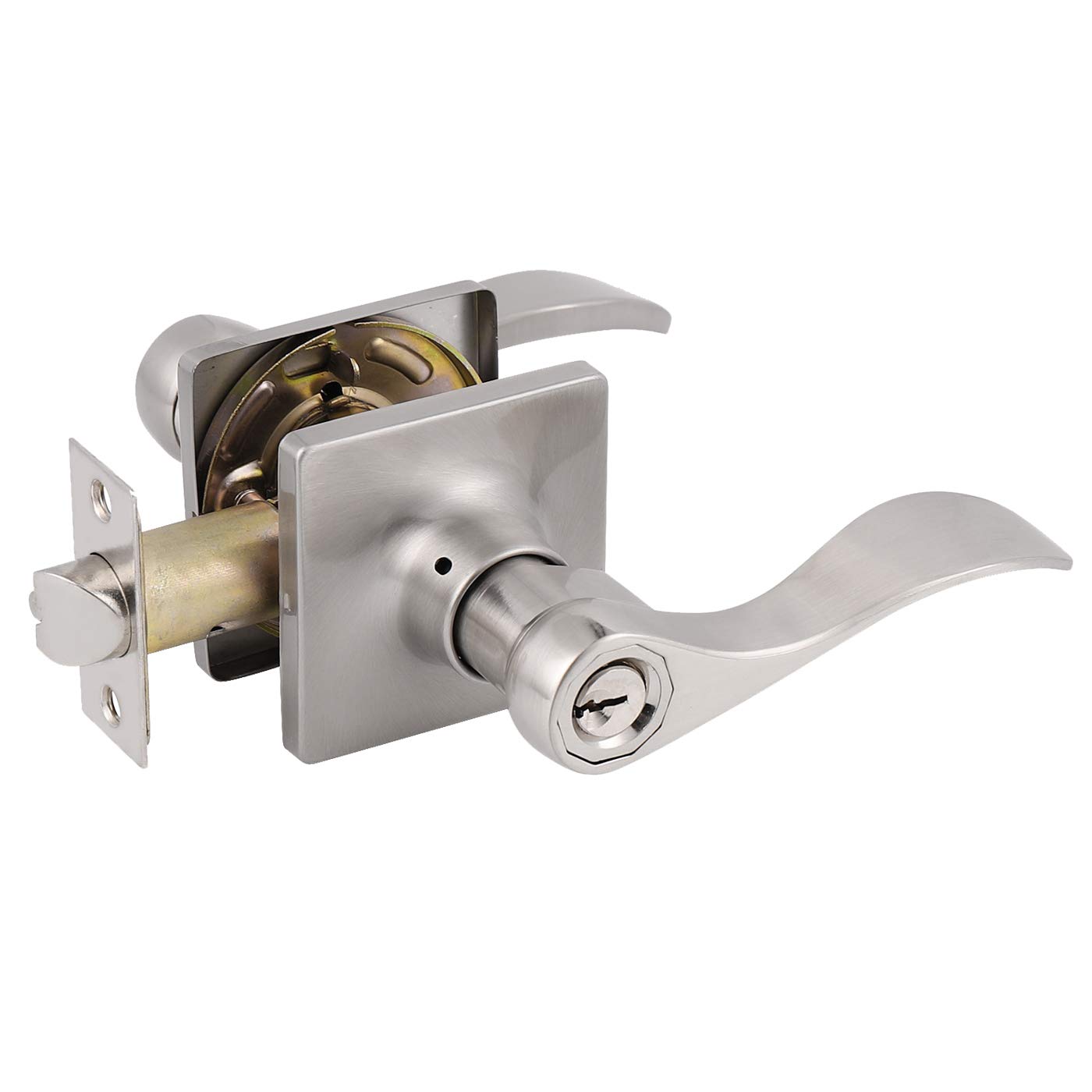 Gobrico 6-Pack Drop Door Handles with Square Plate Keyed Entry Locks - Exterior/Entrance Door Locksets, Reversible Levers for Left/Right Doors in Satin Nickel Finish - Perfect for Home, Office & Commercial Security Doors
