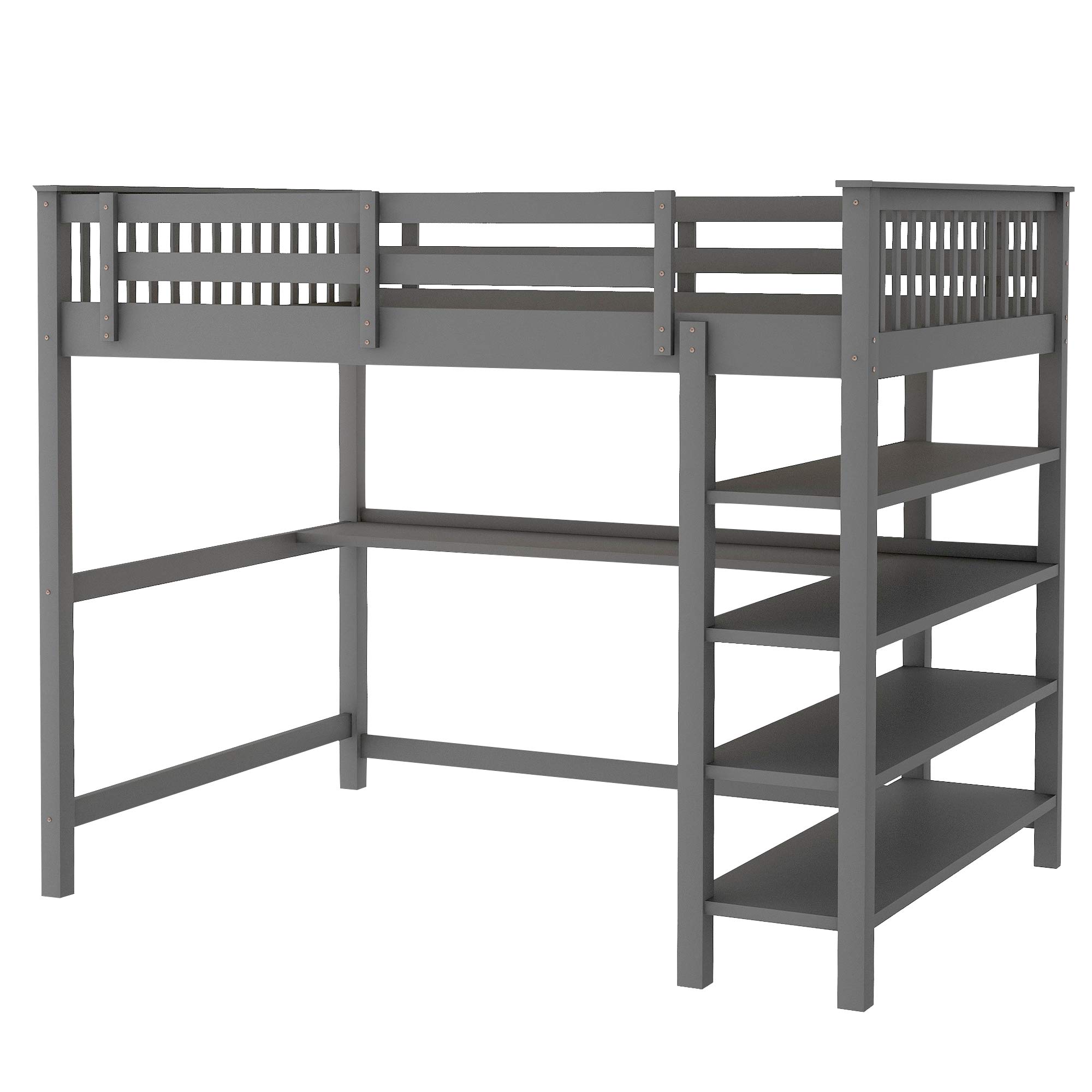 Rubber Wood Loft Bed with Storage Shelves & Desk - Full-Length Guardrail, Space-Saving Kids Bed Frame with Bookcase (Full Size, Gray) - No Box Spring Needed | Perfect for Small Bedrooms, Dorms & Kids' Rooms