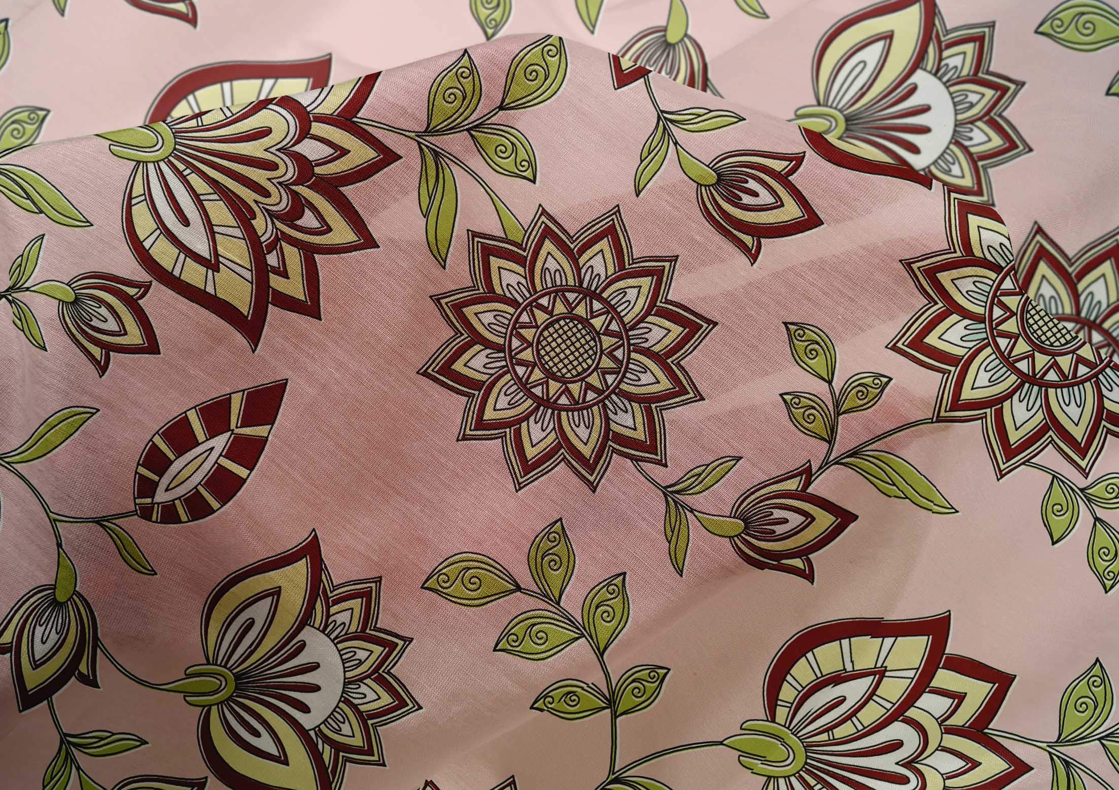 oneOone Cotton Silk Rose Pink Fabric - 42 Inch Wide Mandala & Floral Print Dress Material by The Yard | Perfect for Boho Dresses, Scarves & Home Decor