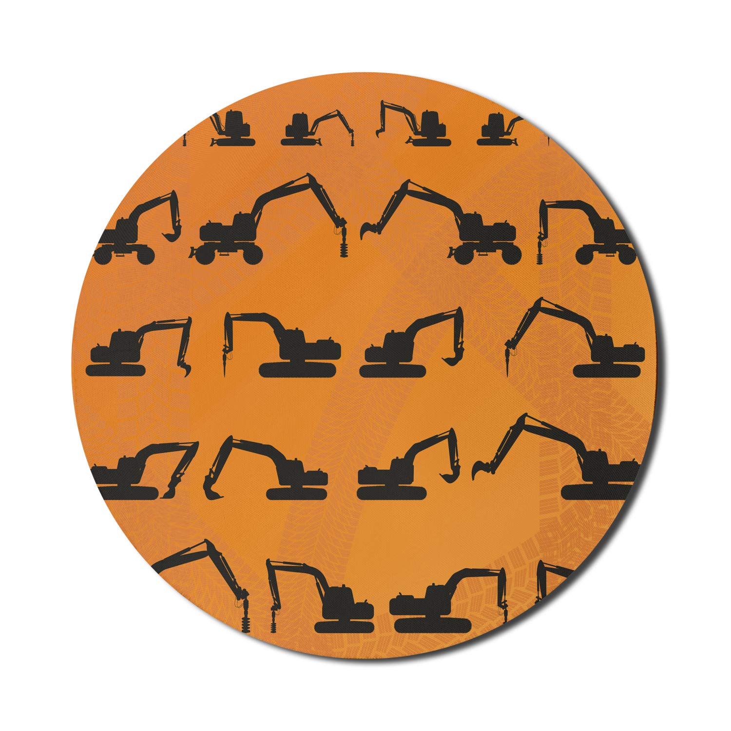 Ambesonne Construction Themed Mouse Pad - Excavator Black Silhouette Design with Tire Tracks, Non-Slip Thick Rubber Base, 8 Inch Round Gaming Mousepad in Dark Orange - Perfect for Office, Home & Construction Enthusiasts