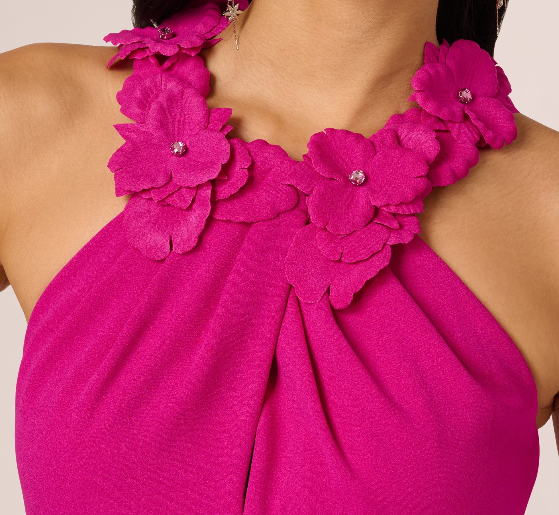 Floral Embellished Crossover Halter Gown In Pink Flambe - Elegant Formal Dress for Weddings, Prom & Evening Events