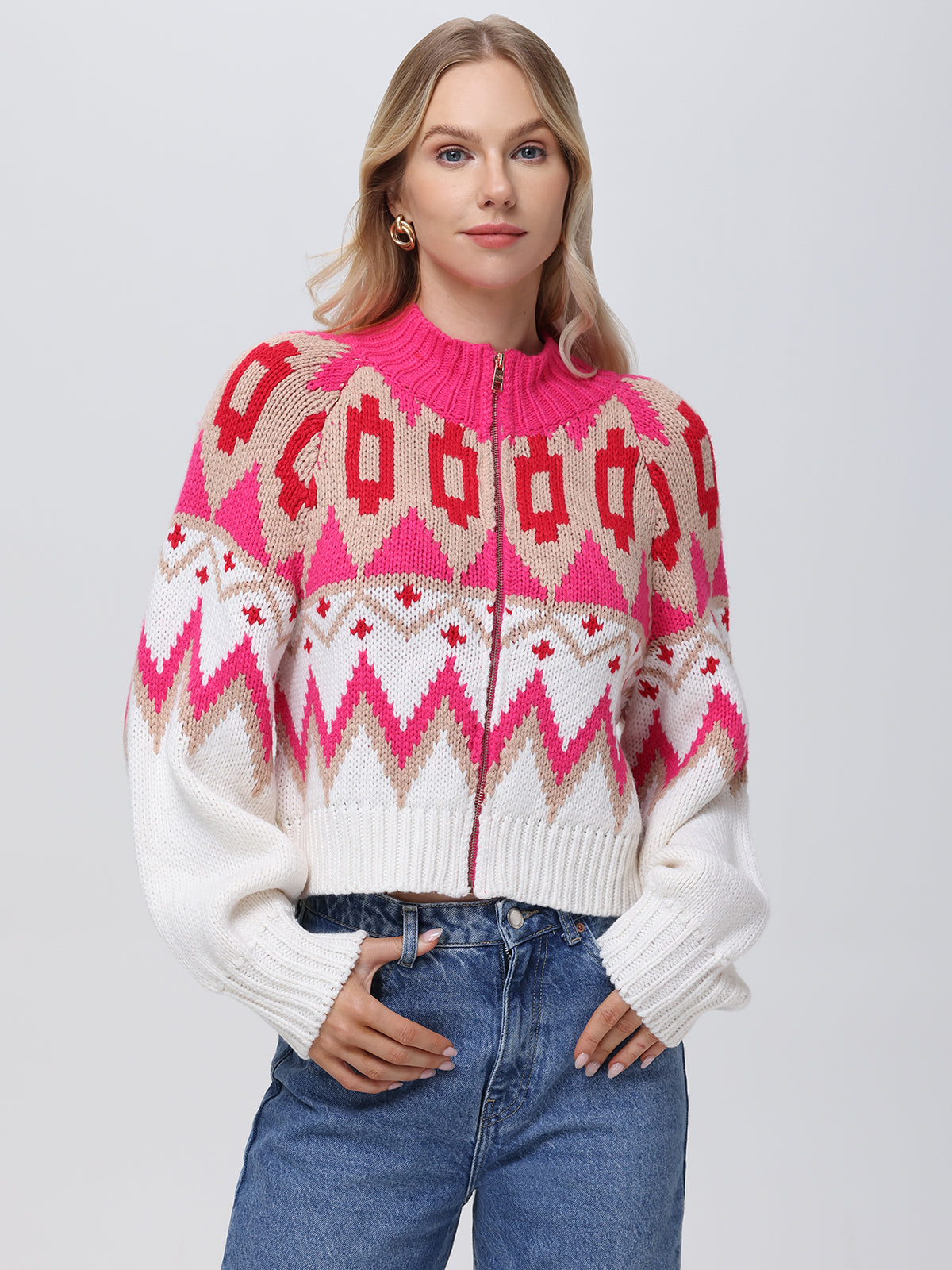 Victoria Women's Fair Isle Knit Bomber Jacket - Cozy Winter Pullover for Casual Outings & Holiday Gatherings