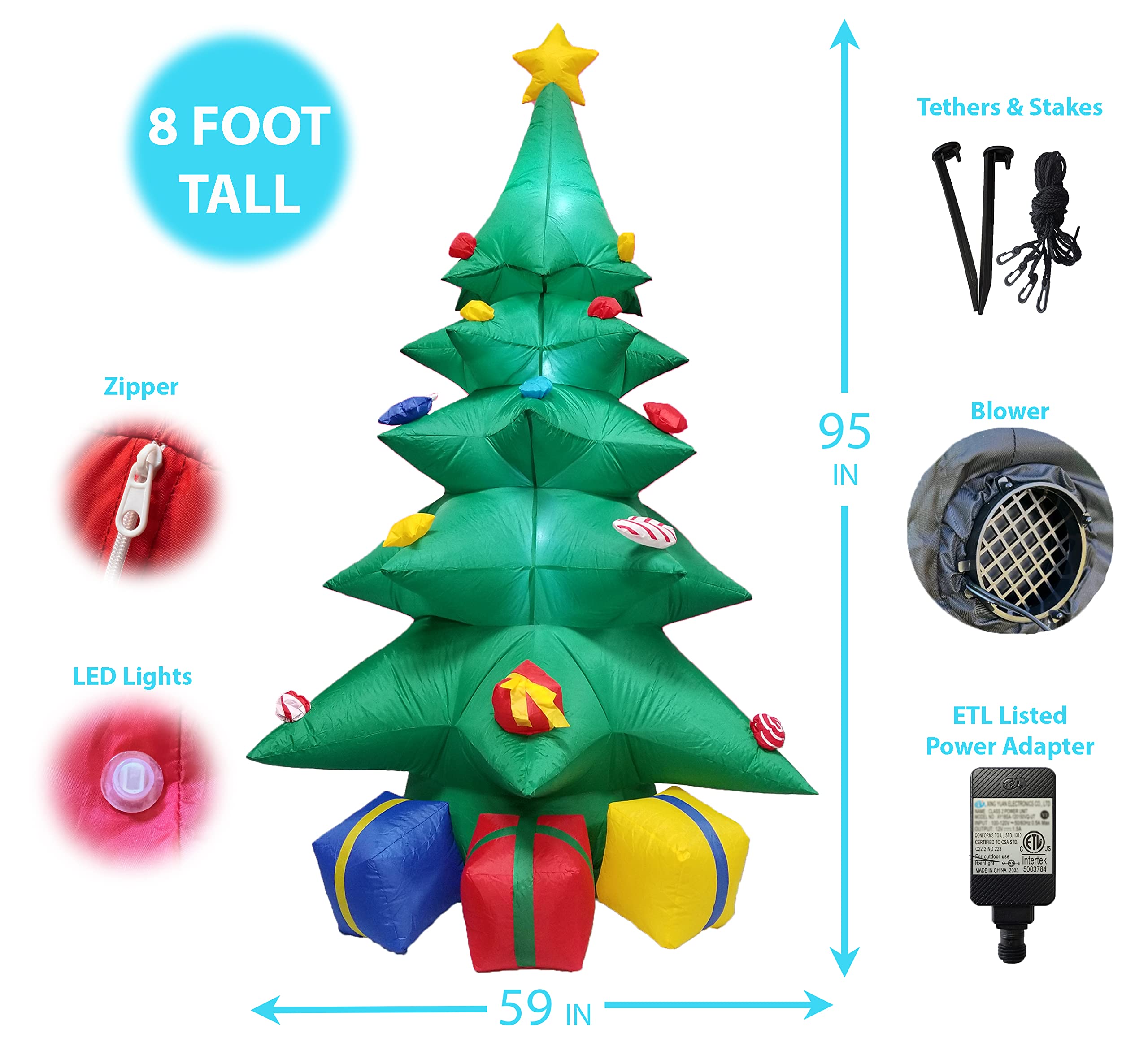 5.3FT Inflatable Santa Claus on Tractor & 8FT LED Christmas Tree with Gift Boxes - Outdoor Holiday Decor Set for Yard, Lawn, and Christmas Party Decoration