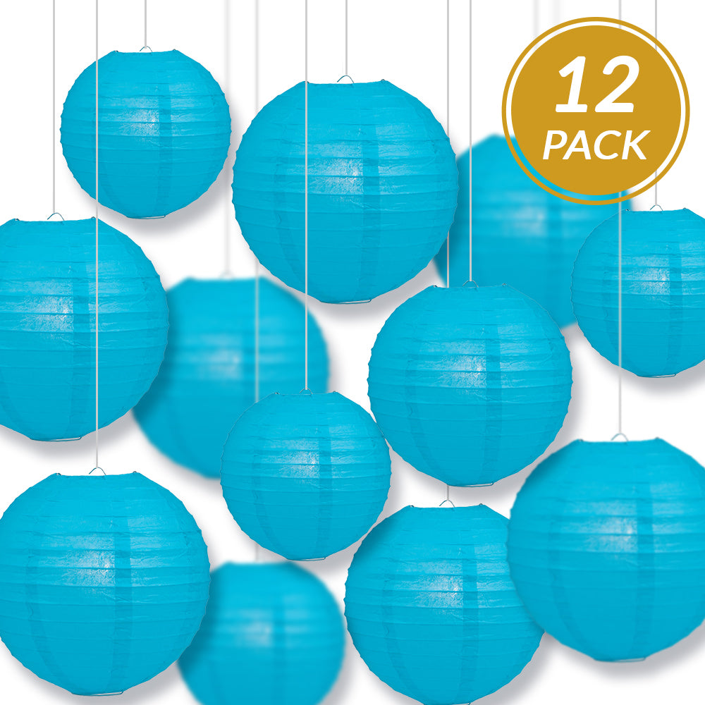 12 Pack Turquoise Paper Lanterns - Chinese Hanging Decorations for Wedding, Party & Home Decor (12/10/8 Inch) - Perfect for Asian-Themed Events, Baby Showers & Festival Decorations