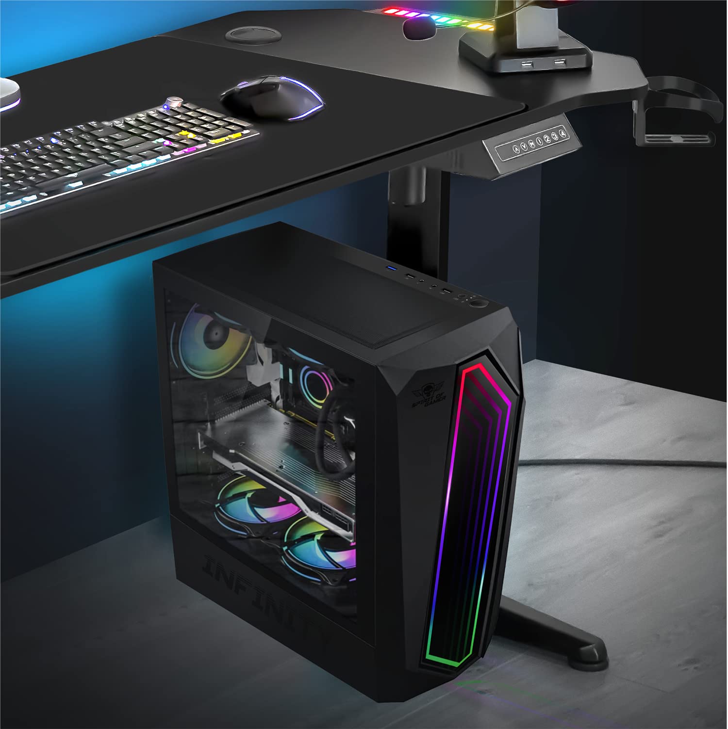 Spirit Of Gamer - Infinity Dark | Black RGB ATX Mid Tower PC Gaming Case with Tempered Glass Side Panel | Compatible with ATX, mATX, ITX Motherboards | Includes 2x 120mm PC Fans (1 ARGB) | Perfect for Gaming Rigs & Custom PC Builds