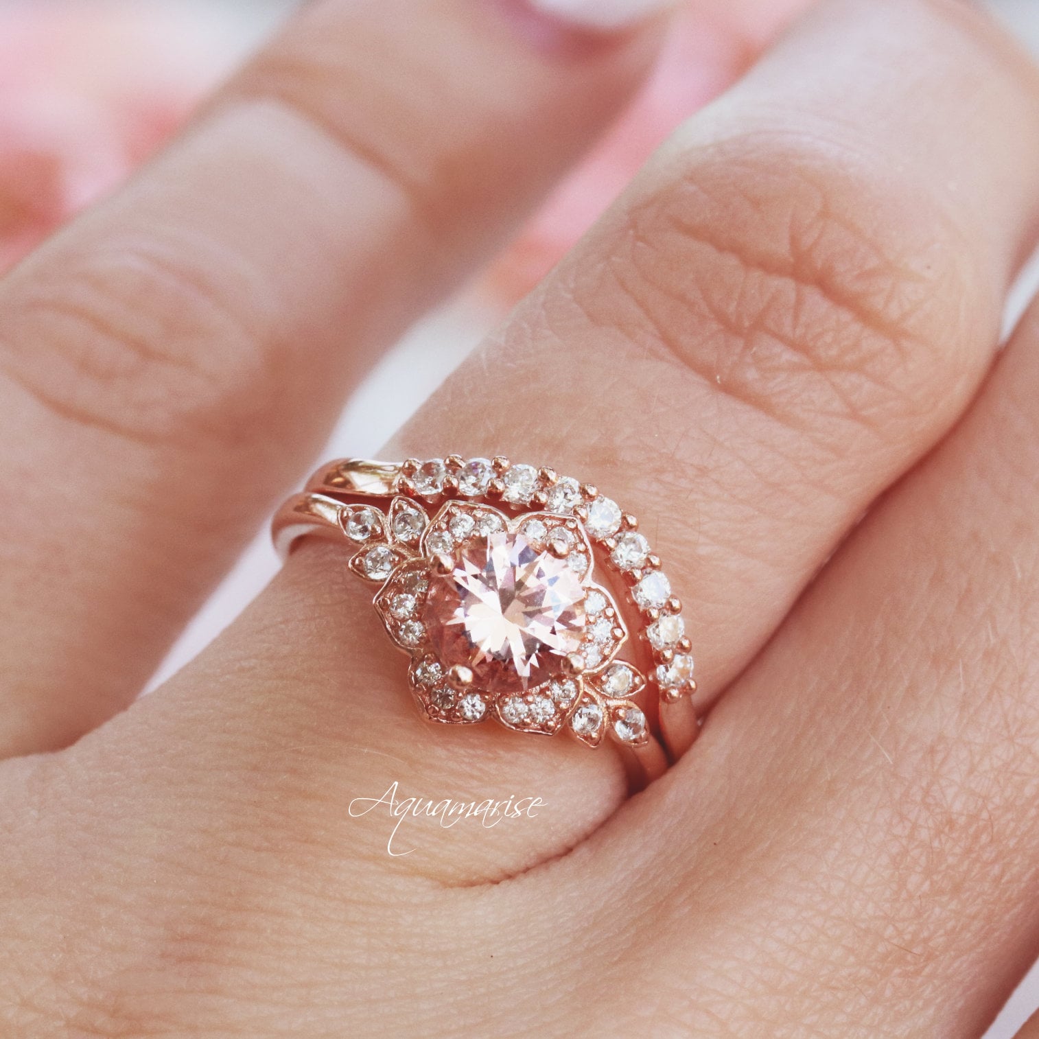 14K Rose Gold Vermeil Jasmine Morganite Ring Set for Women - Elegant Bridal, Engagement, Anniversary & Everyday Jewelry Gift