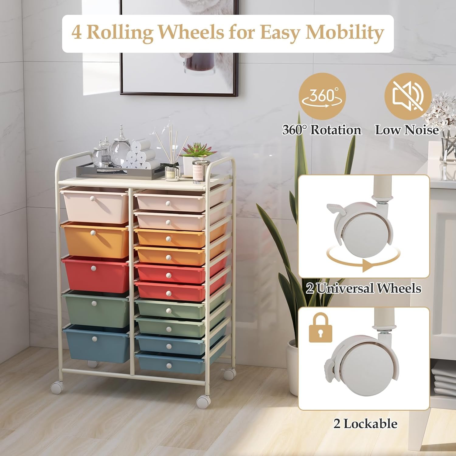 LUARANE 15-Drawer Rolling Cart - Portable Craft & Toy Organizer for Home, Office, School