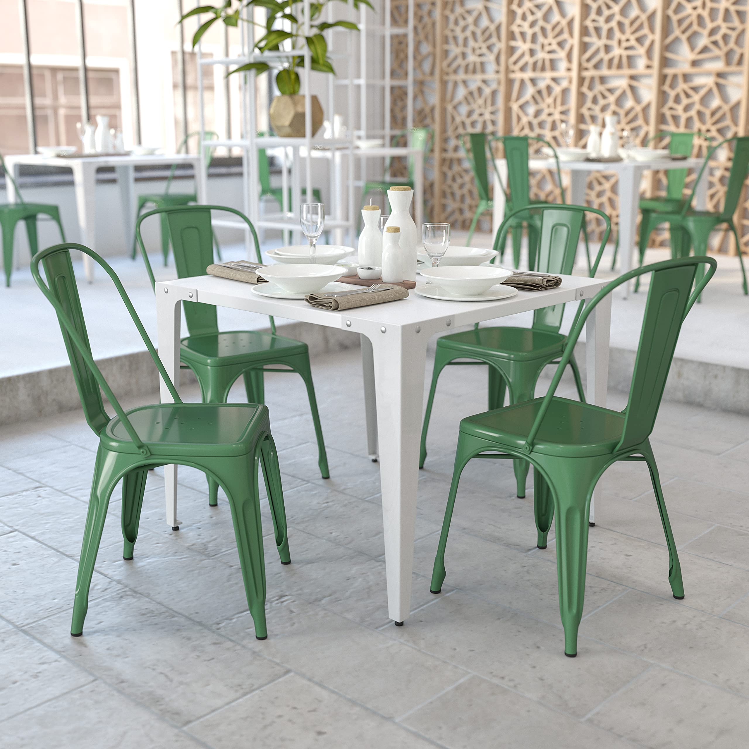 4 Pack Green Metal Stackable Chairs for Indoor & Outdoor Use - Durable Bistro & Restaurant Chairs for Patio, Cafe, Dining Room & Garden