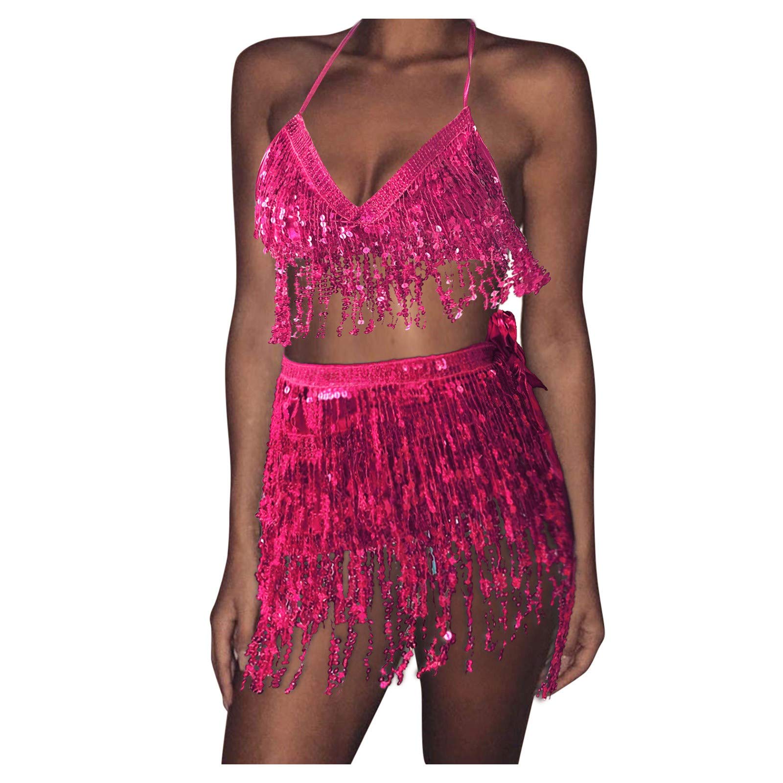 Red and Pink Sequin Mini Dress for Women - Tassel Vest & Wrap Skirt Set | Clubwear, Party Outfit, Nightlife Costume | Perfect for Dances, Festivals & Special Occasions