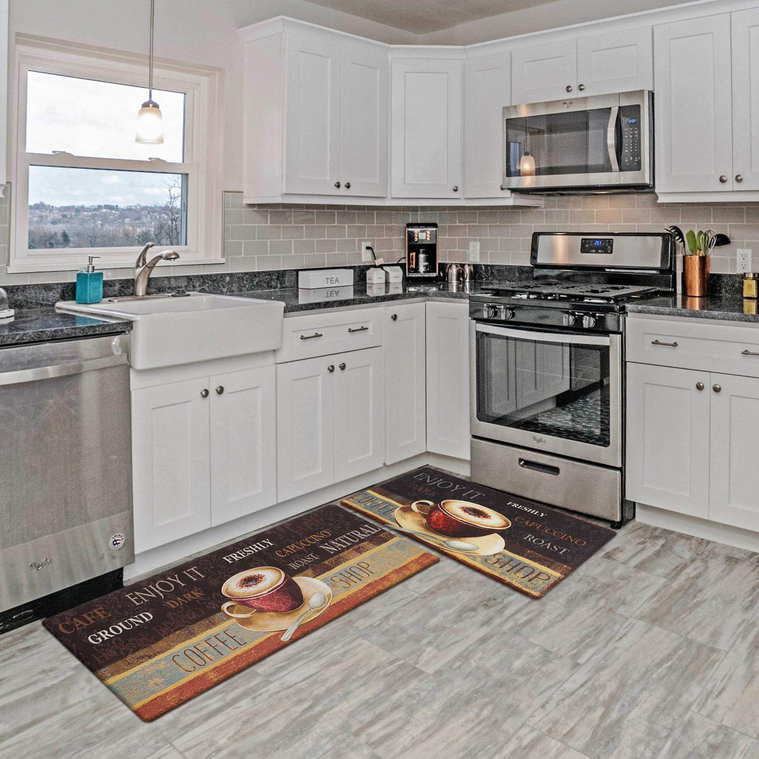 ROSMARUS 2-Piece Coffee Kitchen Rug Set - Cushioned Anti-Fatigue, Waterproof, Easy to Clean Floor Mats for Comfortable Standing - Perfect for Kitchens, Coffee Shops, and Home Bars