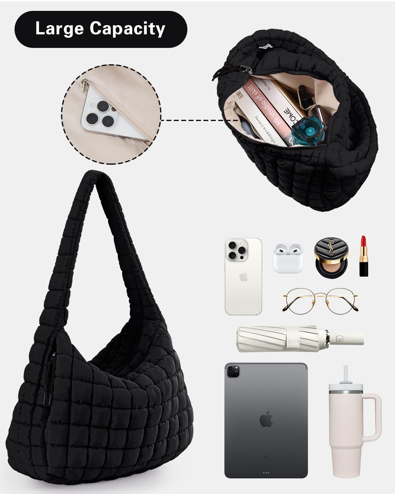 Quilted Puffer Tote Bag for Women - Large Insulated Zippered Handbag, Lightweight Crossbody Shoulder Bag | Perfect for Work, Travel & Daily Use