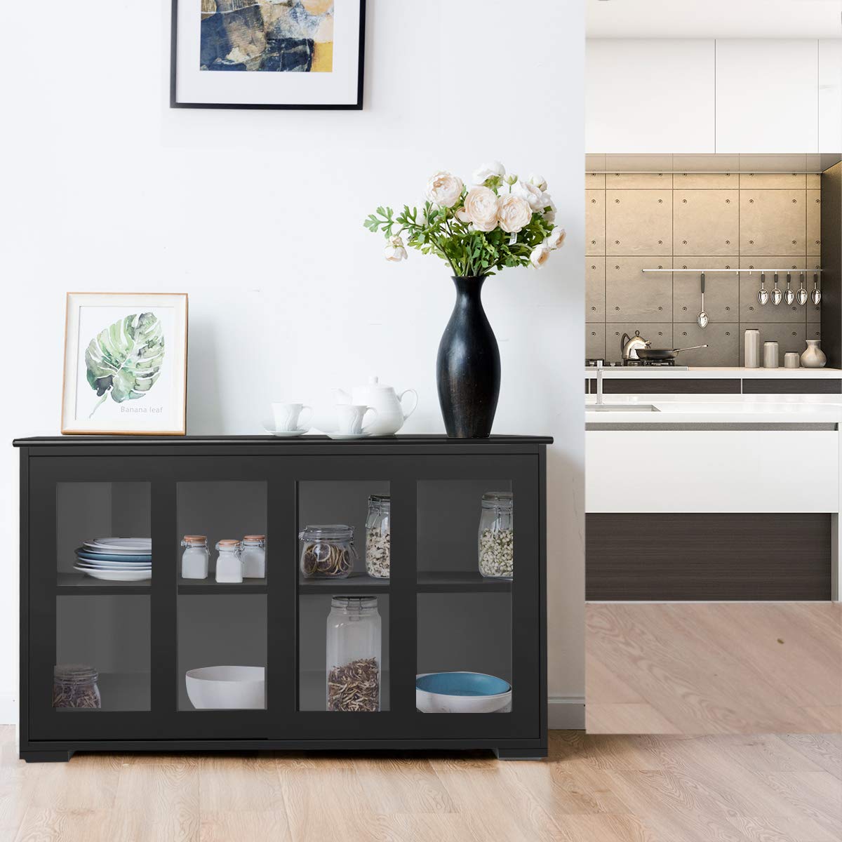 Giantex Modern Wood Buffet Sideboard with Sliding Doors - Adjustable Shelf Storage Cabinet, Kitchen Pantry Cupboard & Living Room Dining Room Console Table - Perfect for Home Storage & Entertaining (Black)
