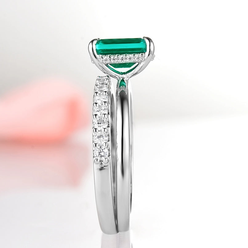 Hidden Halo Emerald Ring Set - 925 Sterling Silver Wedding Engagement Ring for Women, Perfect for Anniversary, Proposal & Special Occasions