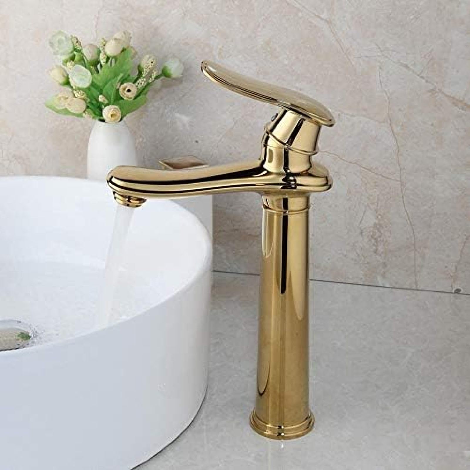 CRJUS Gold Plated Long Faucet - Solid Brass Sink Faucet with Polished Stream Spout - Deck Mount Water Mixer Tap for Bathroom & Kitchen - Perfect for Modern Home Decor & Luxury Vanity Upgrade